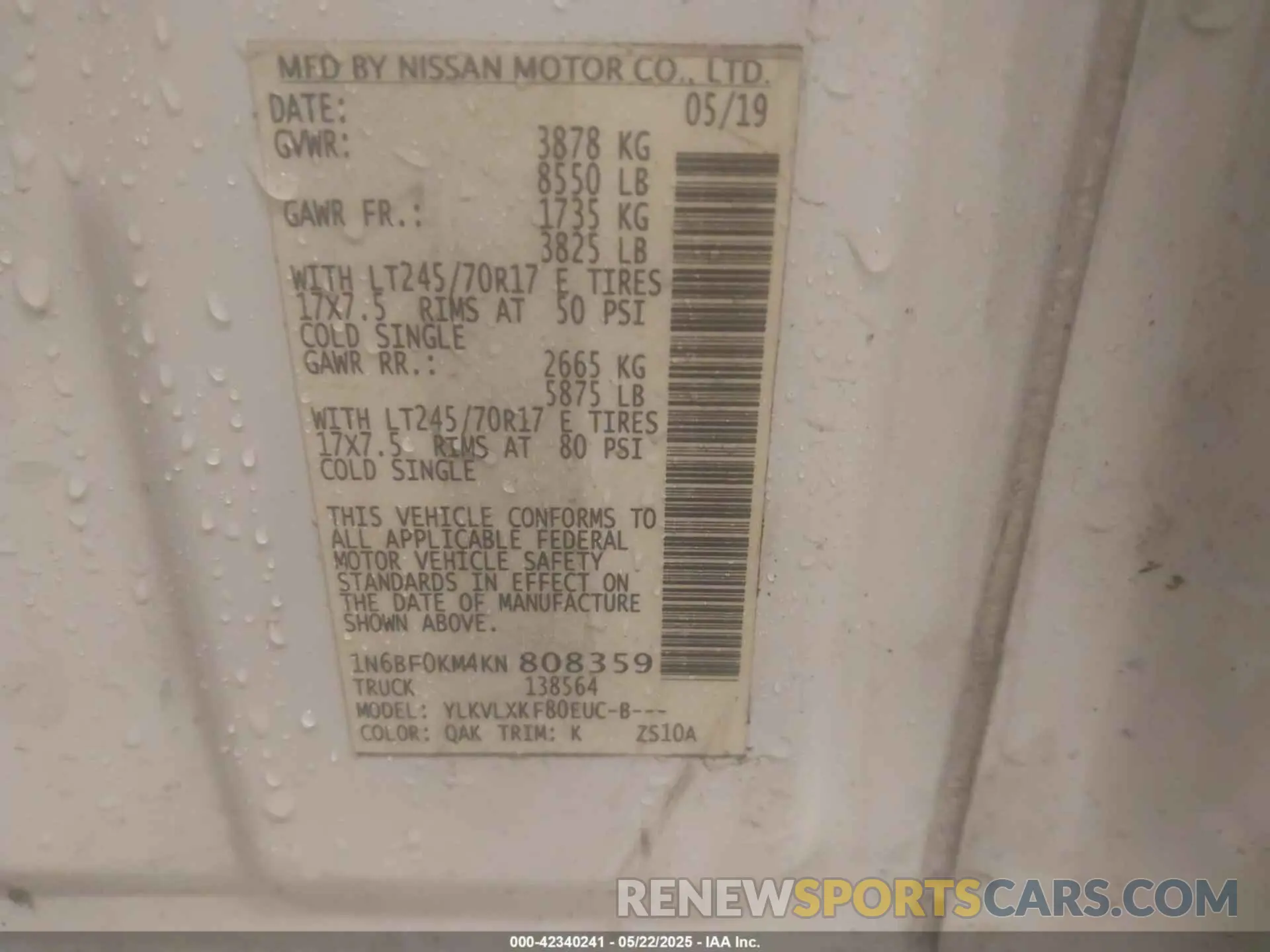 9 Фотография поврежденного автомобиля 1N6BF0KM4KN808359 NISSAN NV CARGO NV1500 2019