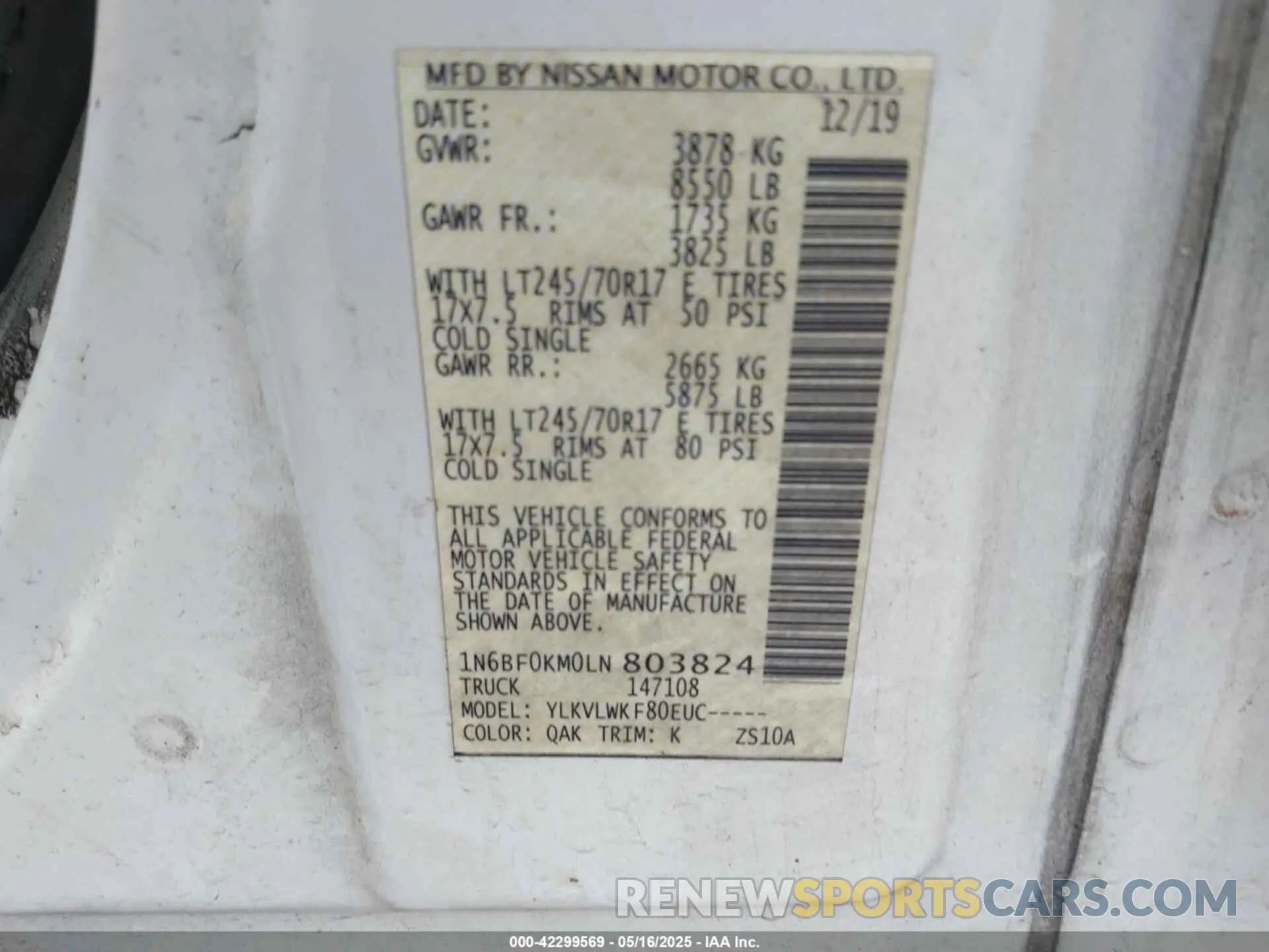 9 Фотография поврежденного автомобиля 1N6BF0KM0LN803824 NISSAN NV CARGO NV1500 2020