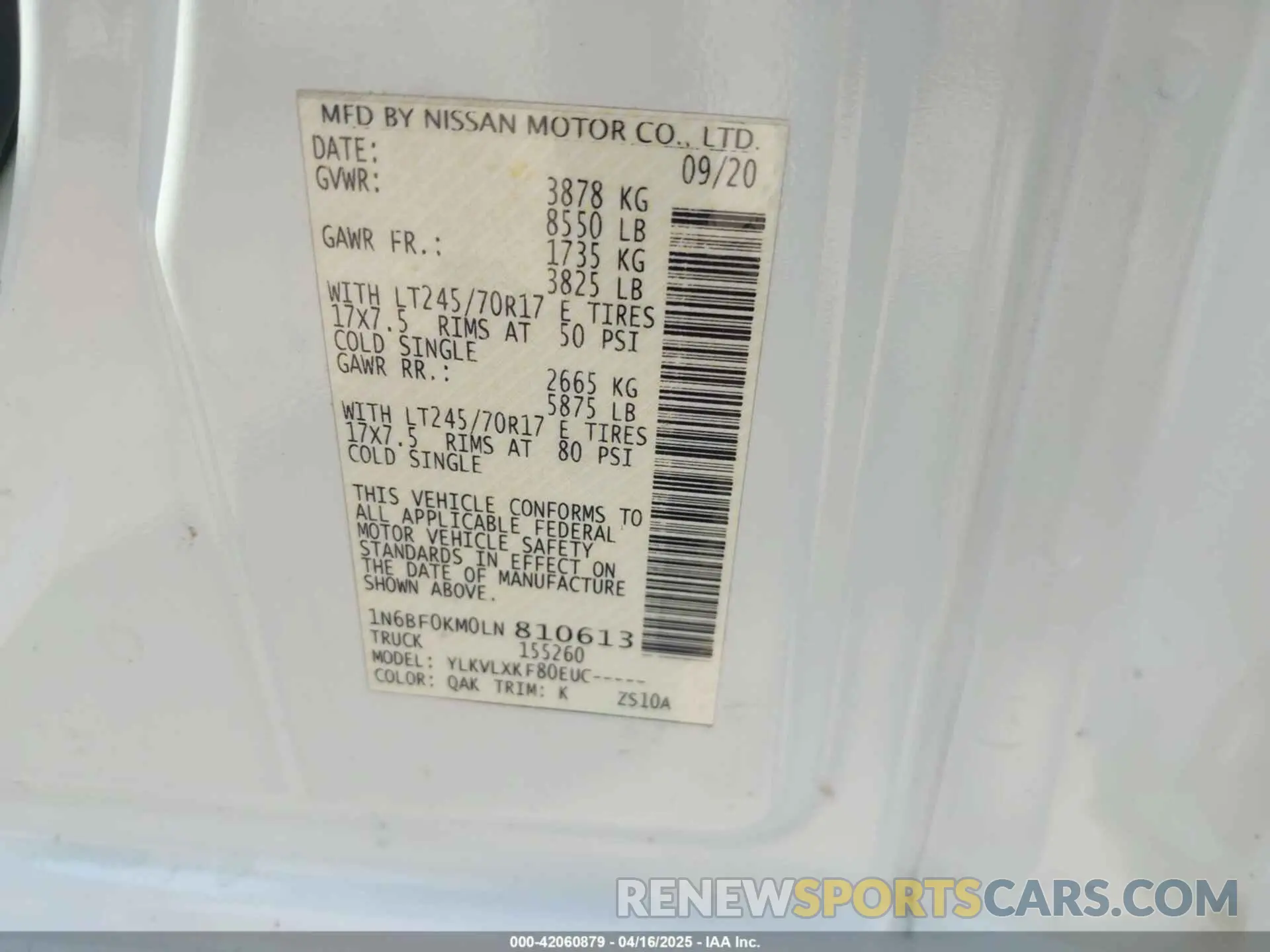 9 Photograph of a damaged car 1N6BF0KM0LN810613 NISSAN NV CARGO NV1500 2020