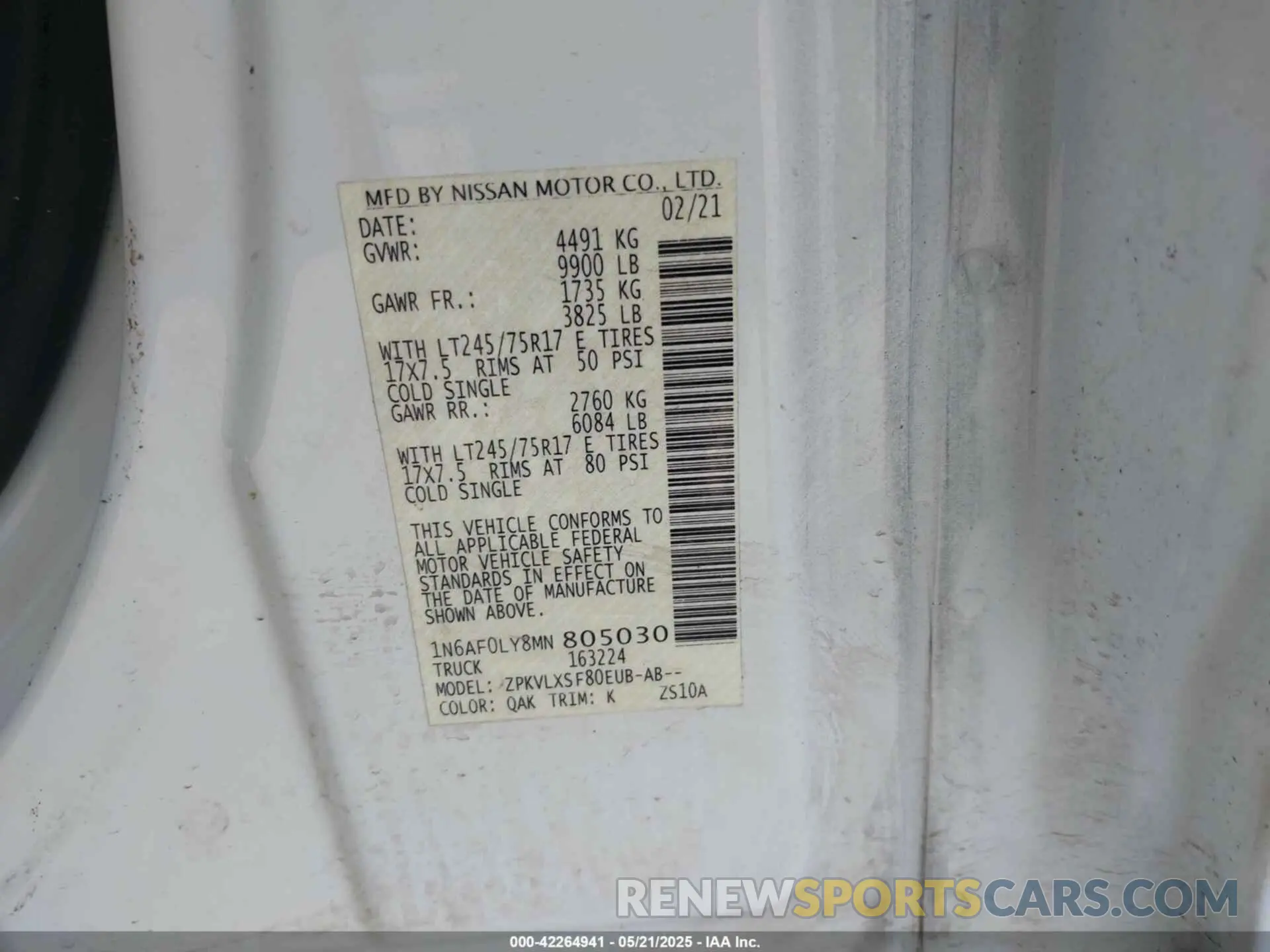 9 Photograph of a damaged car 1N6AF0LY8MN805030 NISSAN NV CARGO NV3500 HD 2021