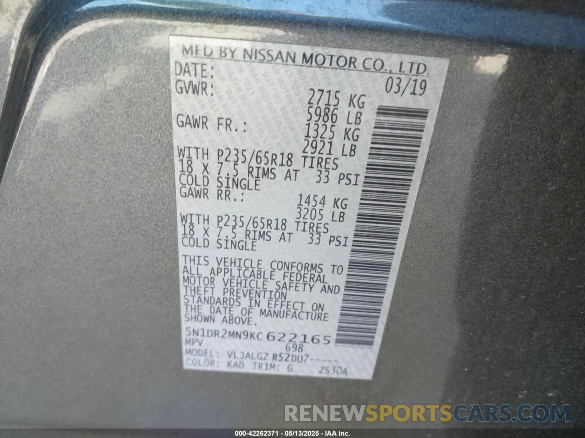 9 Photograph of a damaged car 5N1DR2MN9KC622165 NISSAN PATHFINDER 2019