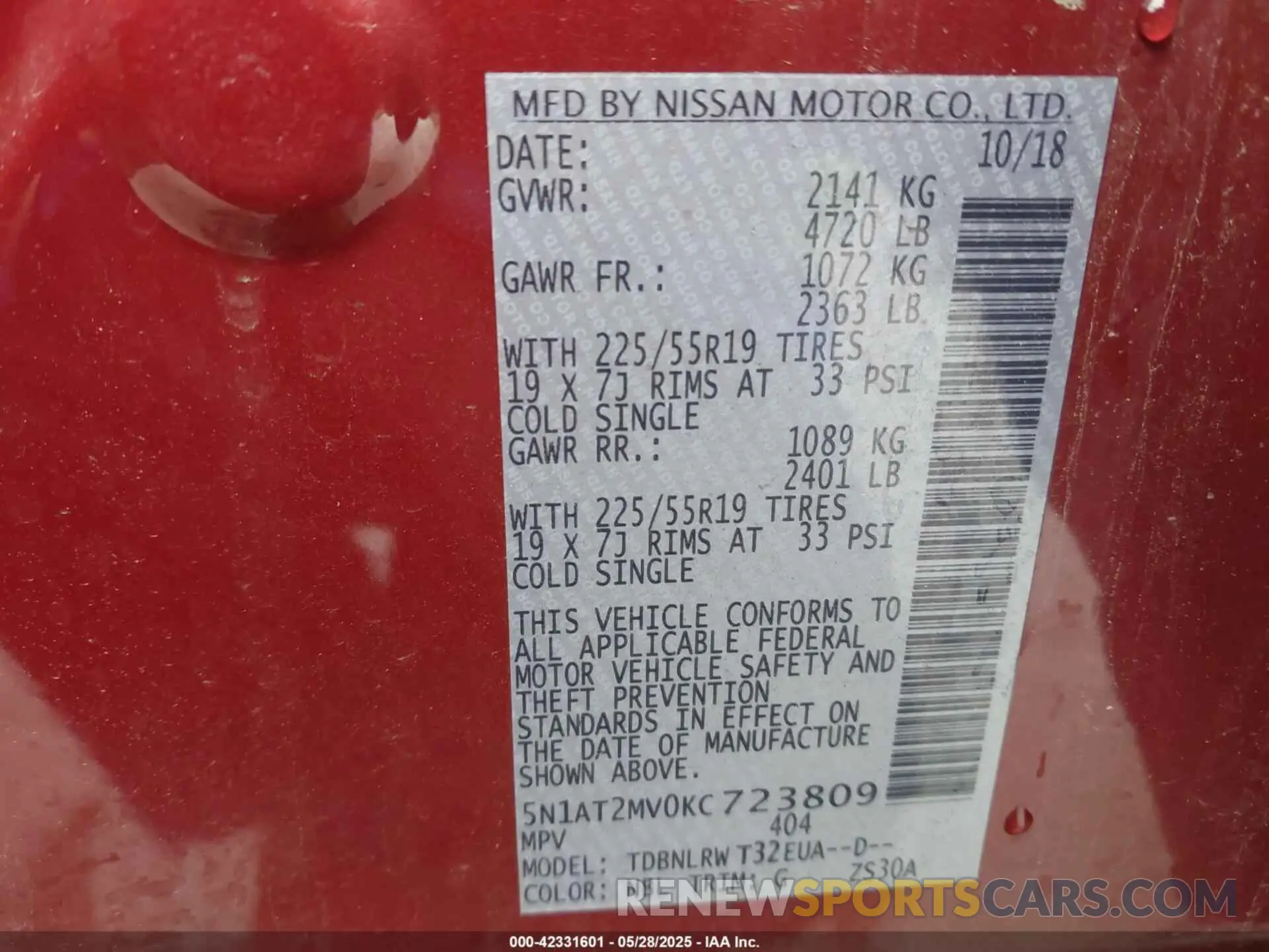 9 Photograph of a damaged car 5N1AT2MV0KC723809 NISSAN ROGUE 2019