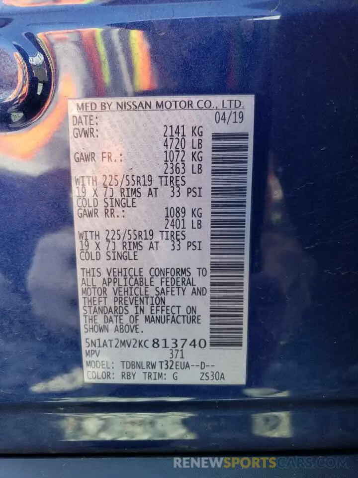 13 Photograph of a damaged car 5N1AT2MV2KC813740 NISSAN ROGUE 2019