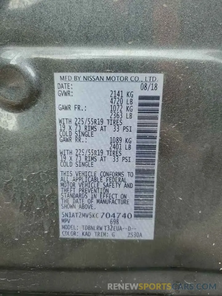 12 Photograph of a damaged car 5N1AT2MV5KC704740 NISSAN ROGUE 2019