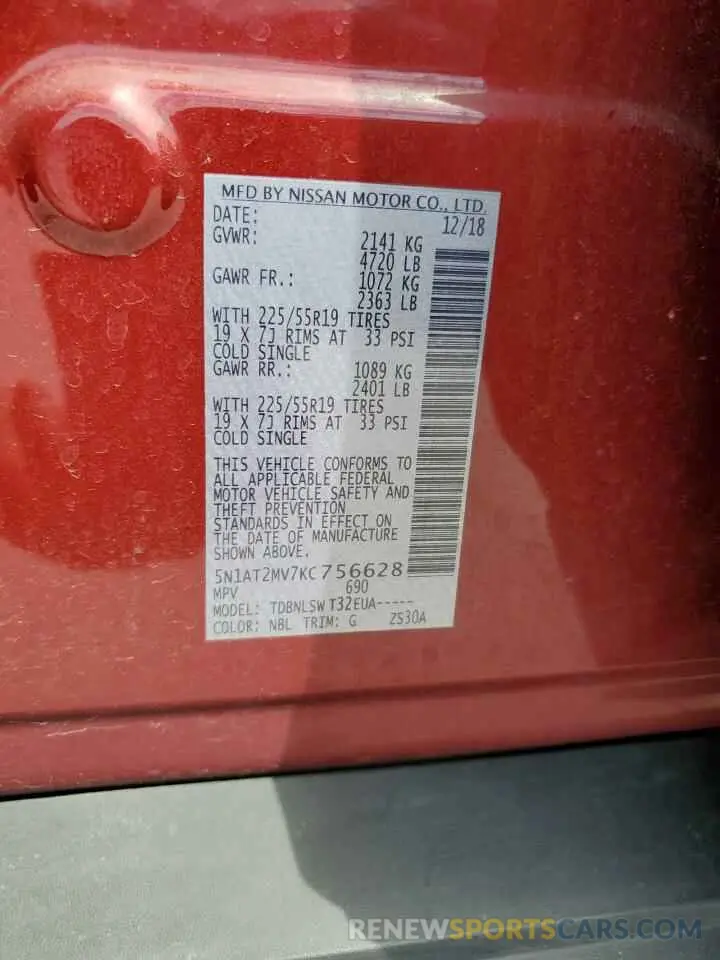 13 Photograph of a damaged car 5N1AT2MV7KC756628 NISSAN ROGUE 2019