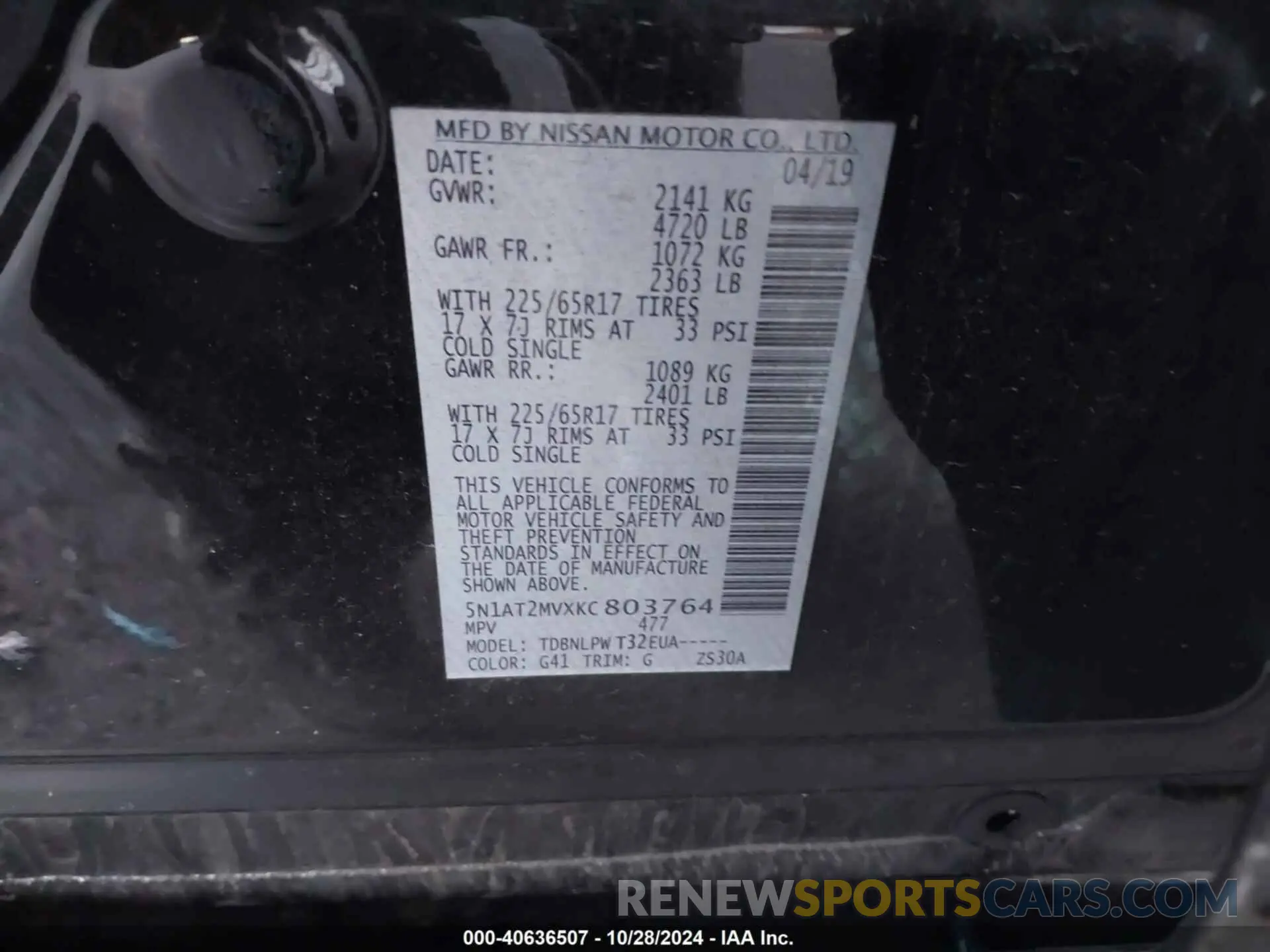 9 Photograph of a damaged car 5N1AT2MVXKC803764 NISSAN ROGUE 2019