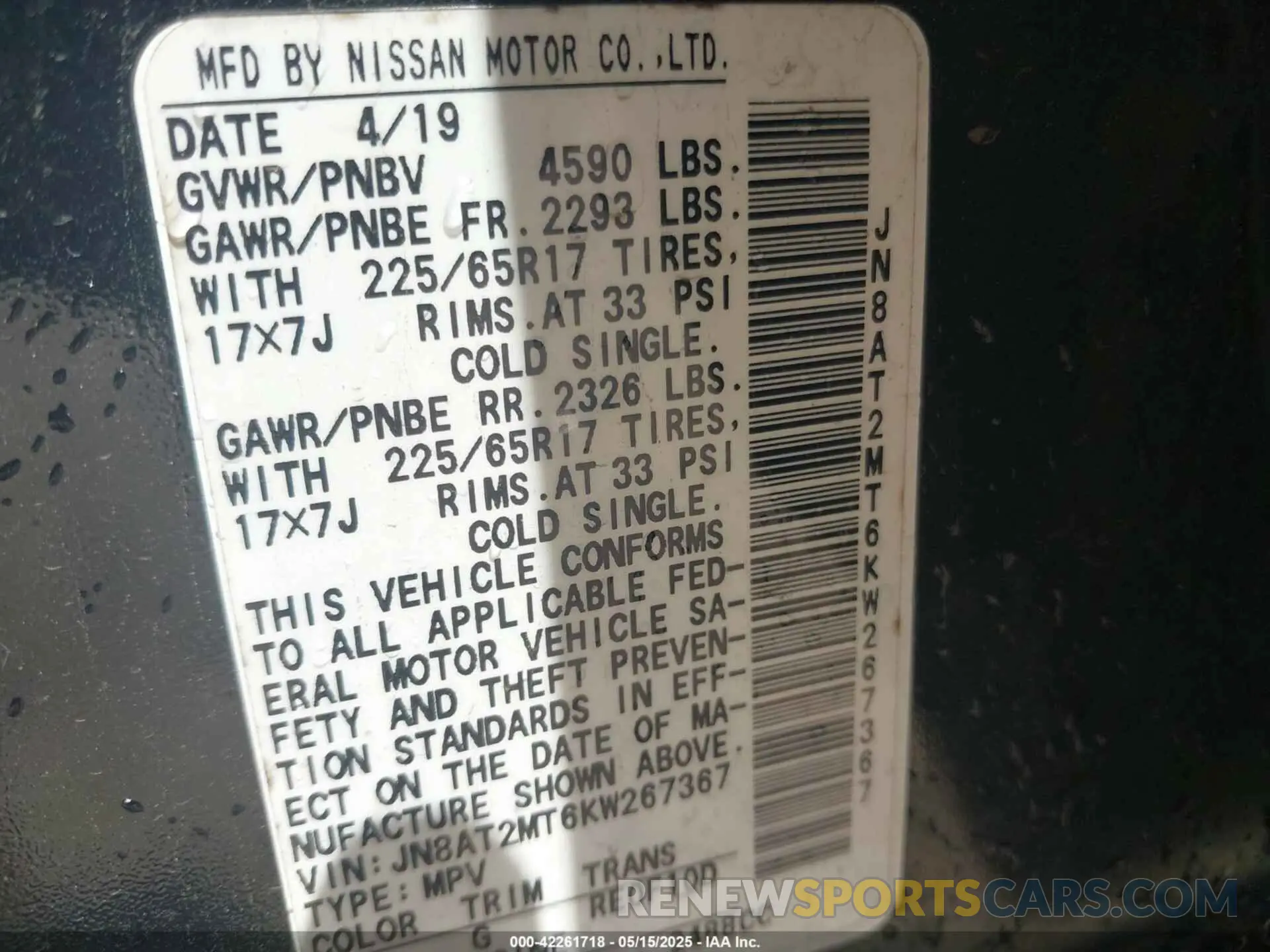 9 Photograph of a damaged car JN8AT2MT6KW267367 NISSAN ROGUE 2019