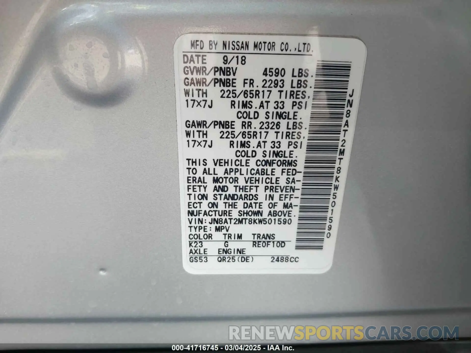 9 Photograph of a damaged car JN8AT2MT8KW501590 NISSAN ROGUE 2019