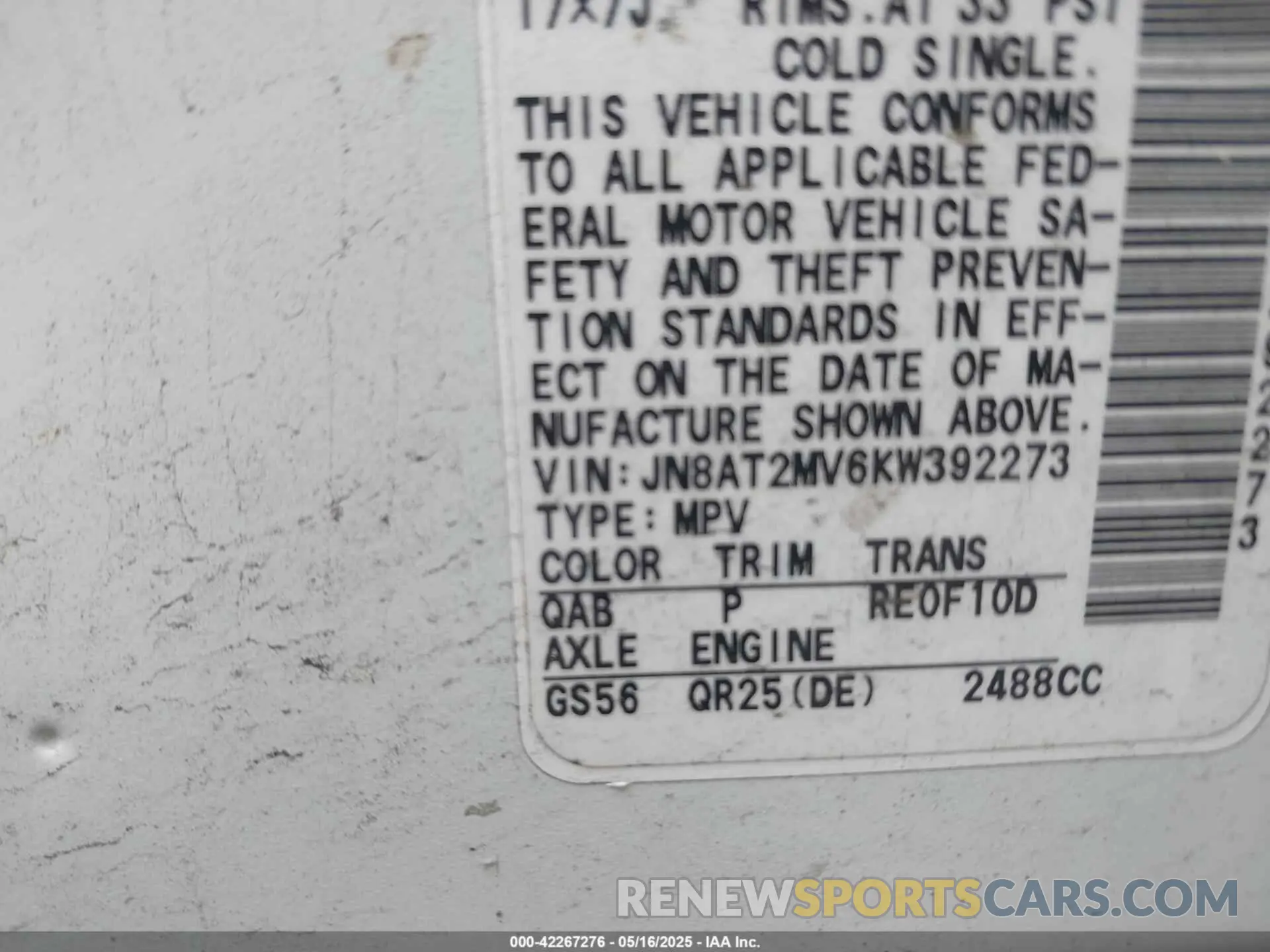 9 Photograph of a damaged car JN8AT2MV6KW392273 NISSAN ROGUE 2019