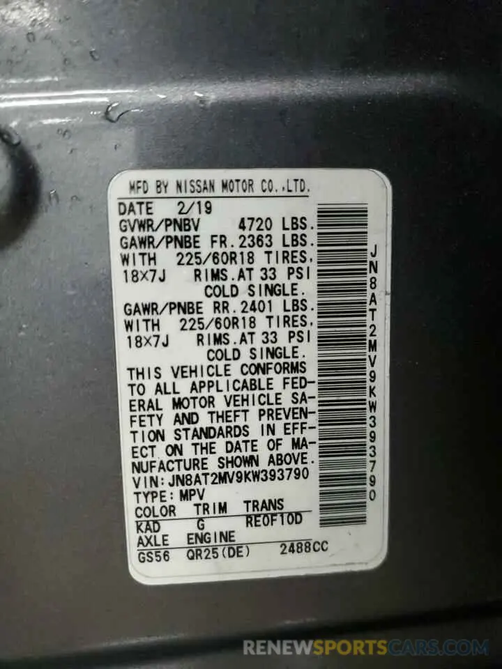 13 Photograph of a damaged car JN8AT2MV9KW393790 NISSAN ROGUE 2019