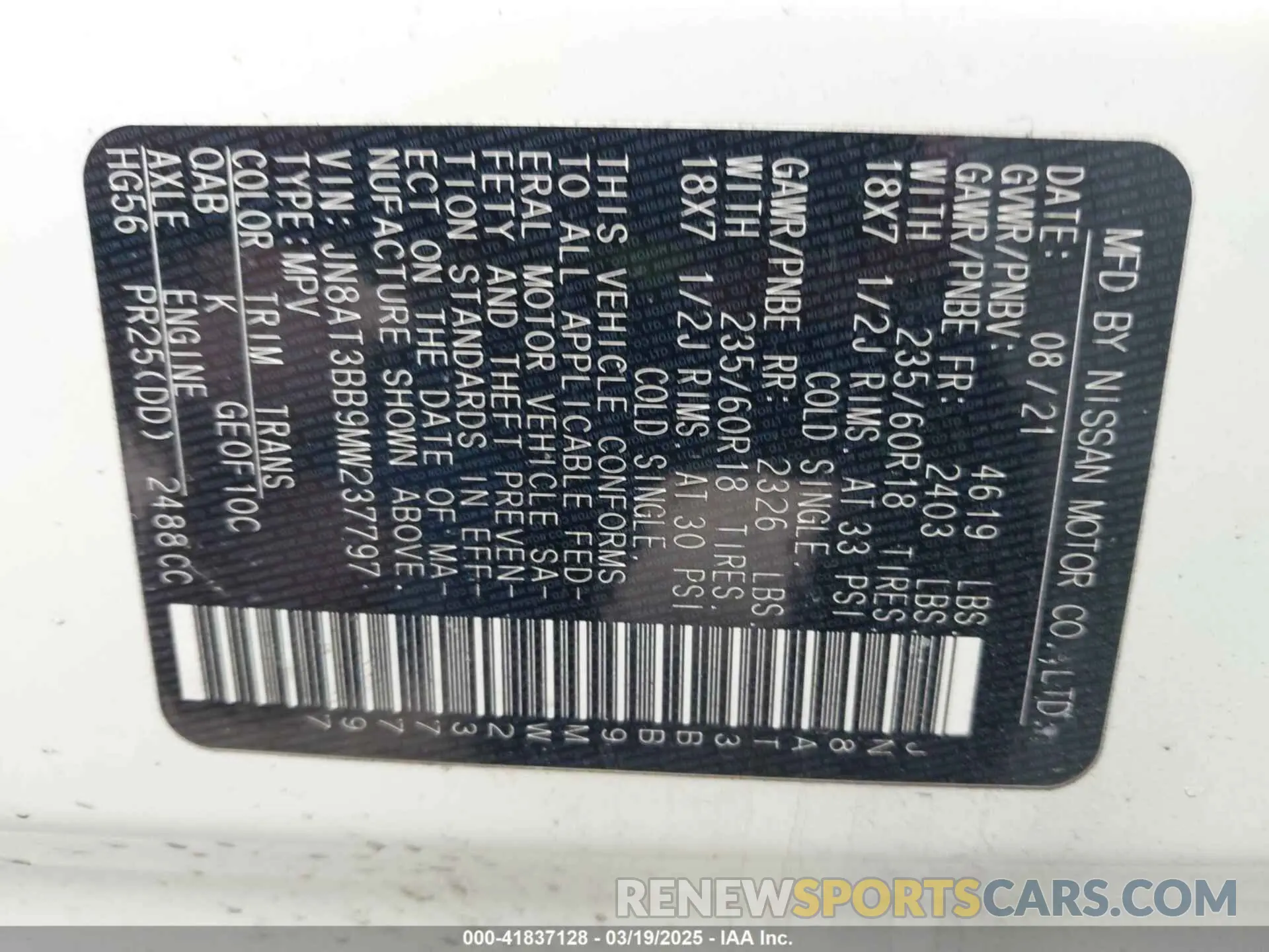 9 Фотография поврежденного автомобиля JN8AT3BB9MW237797 NISSAN ROGUE 2021