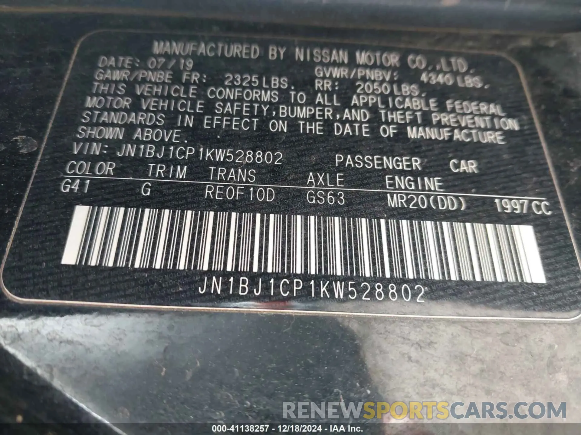 9 Photograph of a damaged car JN1BJ1CP1KW528802 NISSAN ROGUE SPORT 2019