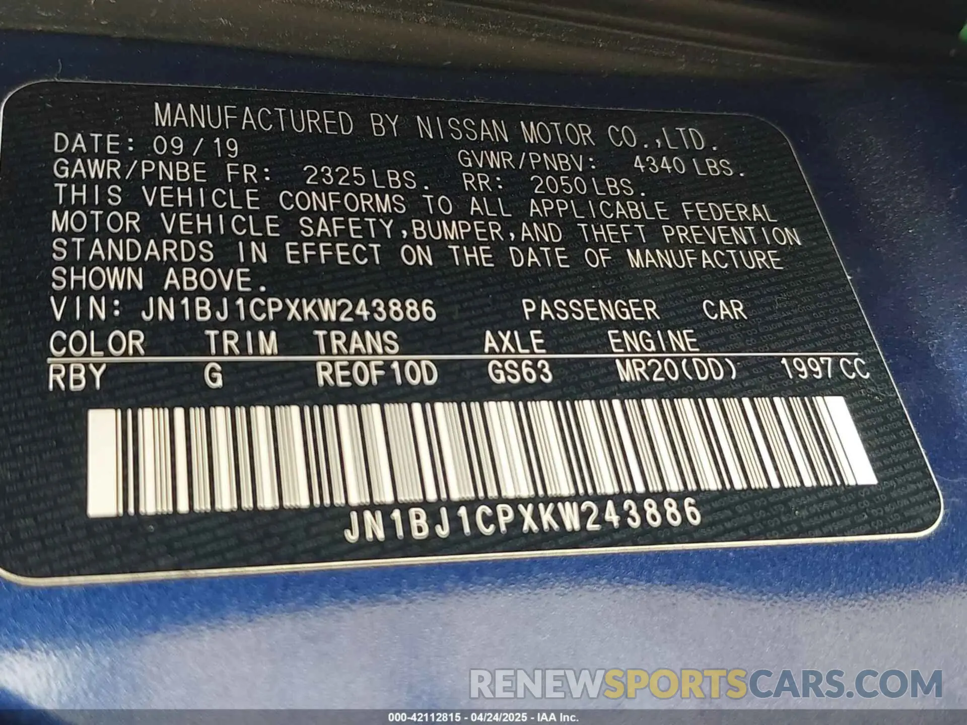 9 Photograph of a damaged car JN1BJ1CPXKW243886 NISSAN ROGUE SPORT 2019