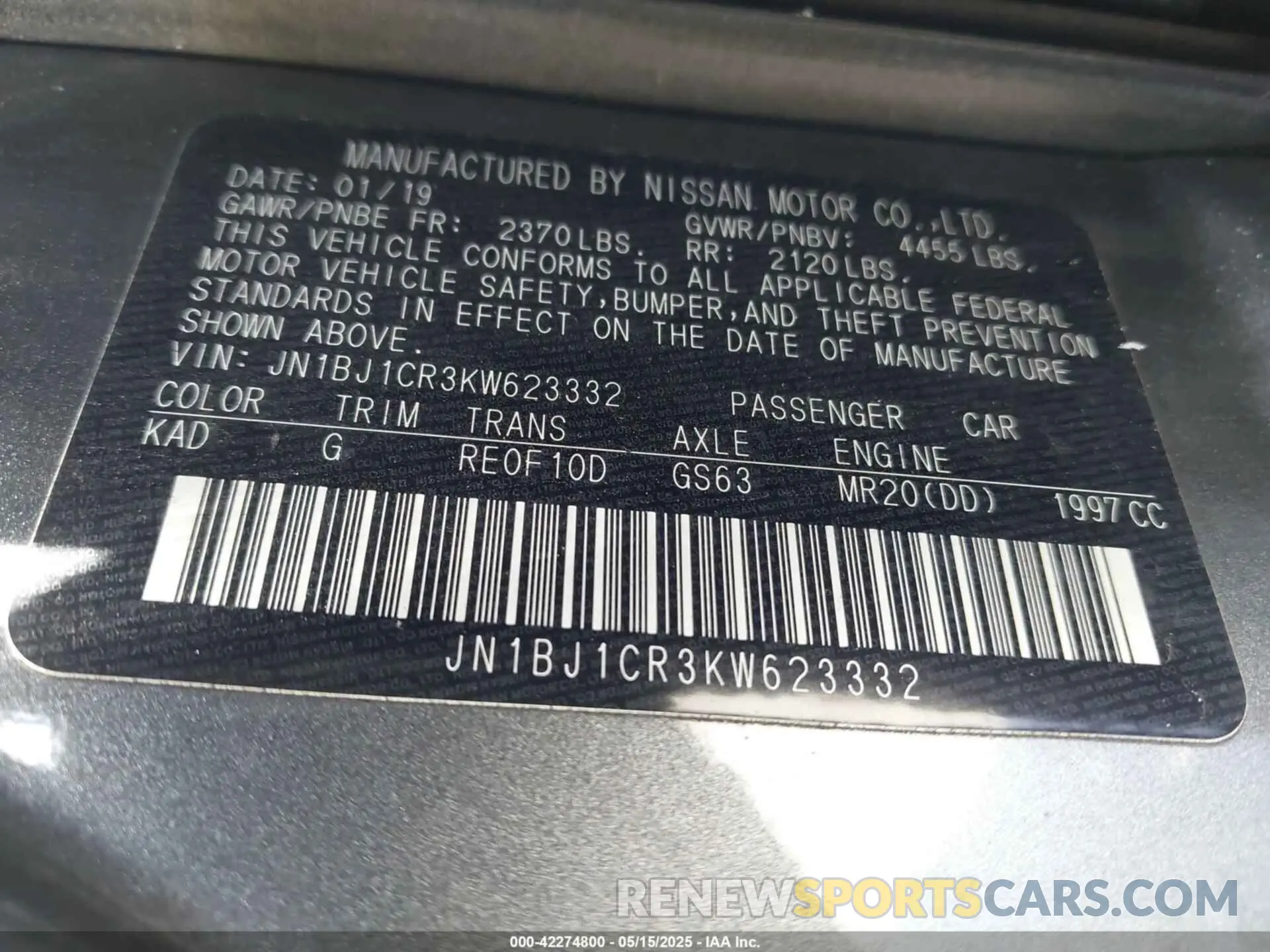 9 Фотография поврежденного автомобиля JN1BJ1CR3KW623332 NISSAN ROGUE SPORT 2019