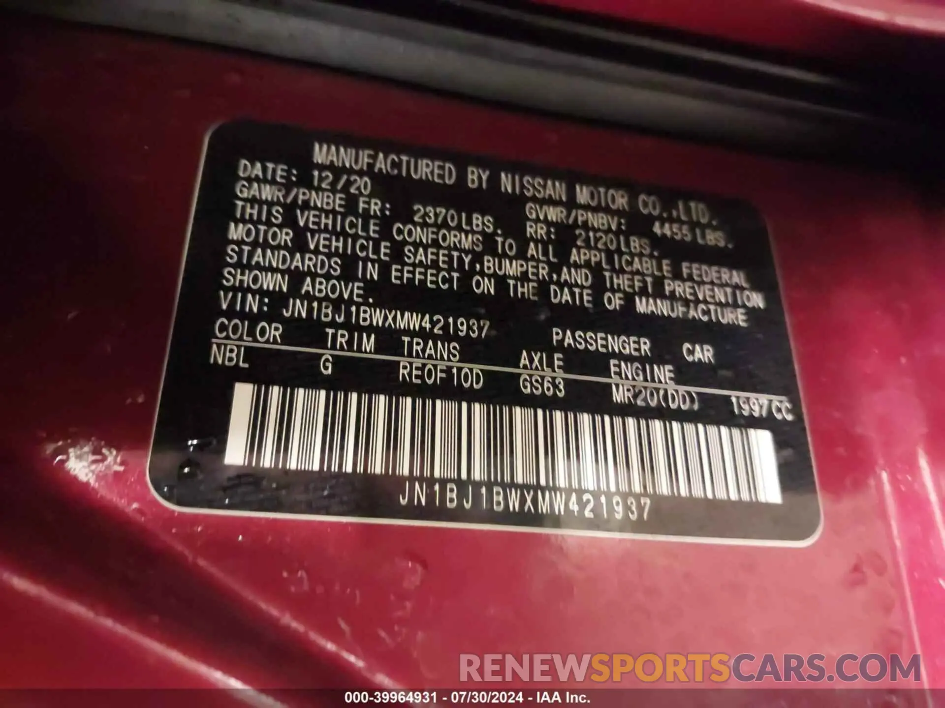 9 Фотография поврежденного автомобиля JN1BJ1BWXMW421937 NISSAN ROGUE SPORT 2021
