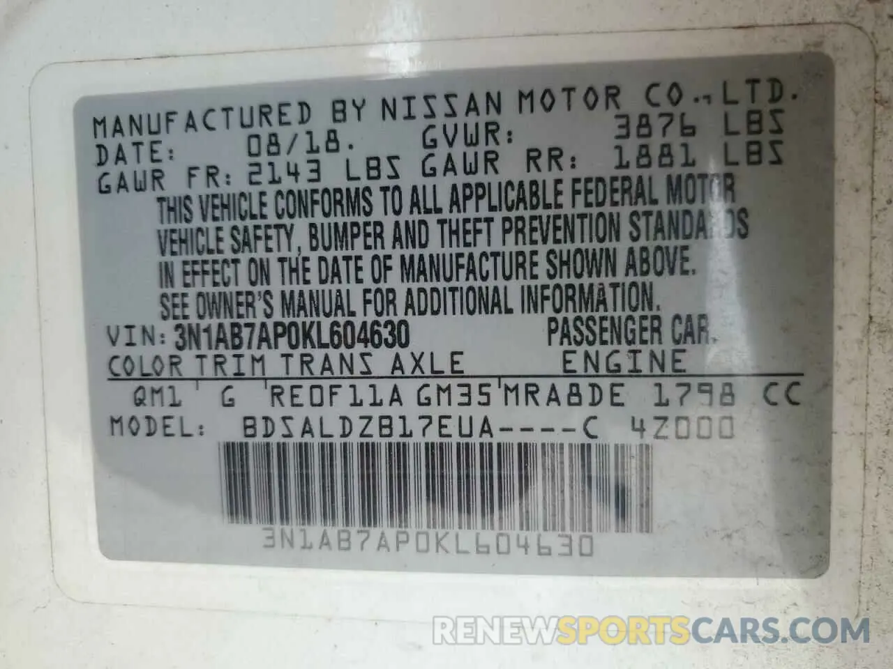 13 Фотография поврежденного автомобиля 3N1AB7AP0KL604630 NISSAN SENTRA 2019