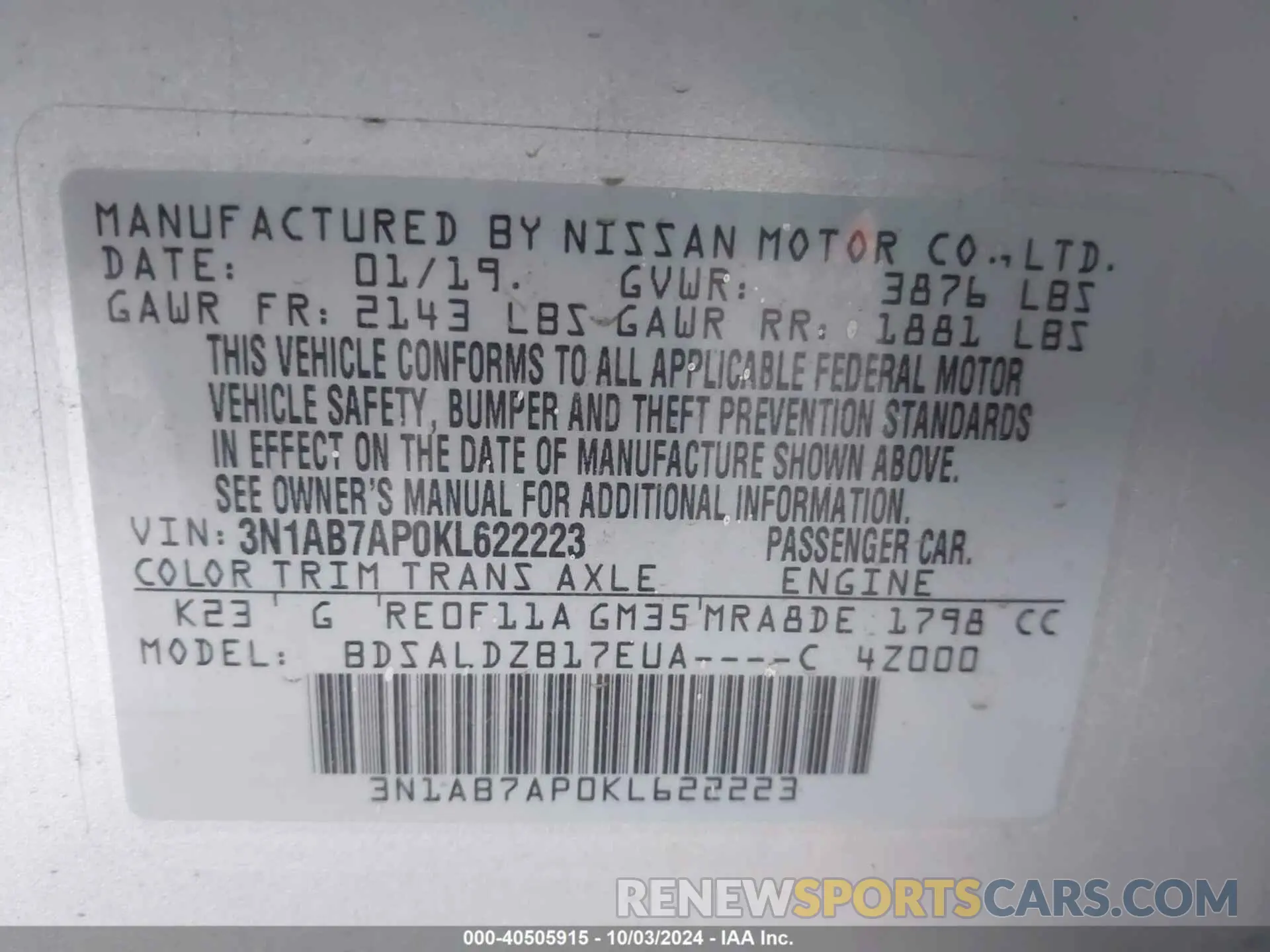9 Фотография поврежденного автомобиля 3N1AB7AP0KL622223 NISSAN SENTRA 2019