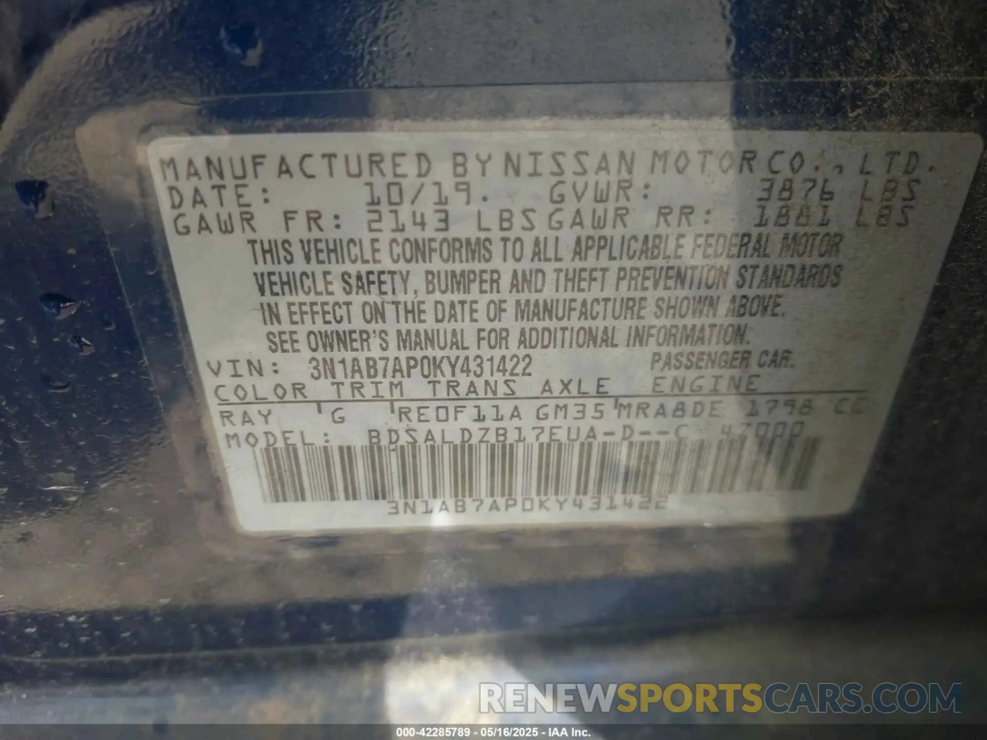 9 Фотография поврежденного автомобиля 3N1AB7AP0KY431422 NISSAN SENTRA 2019