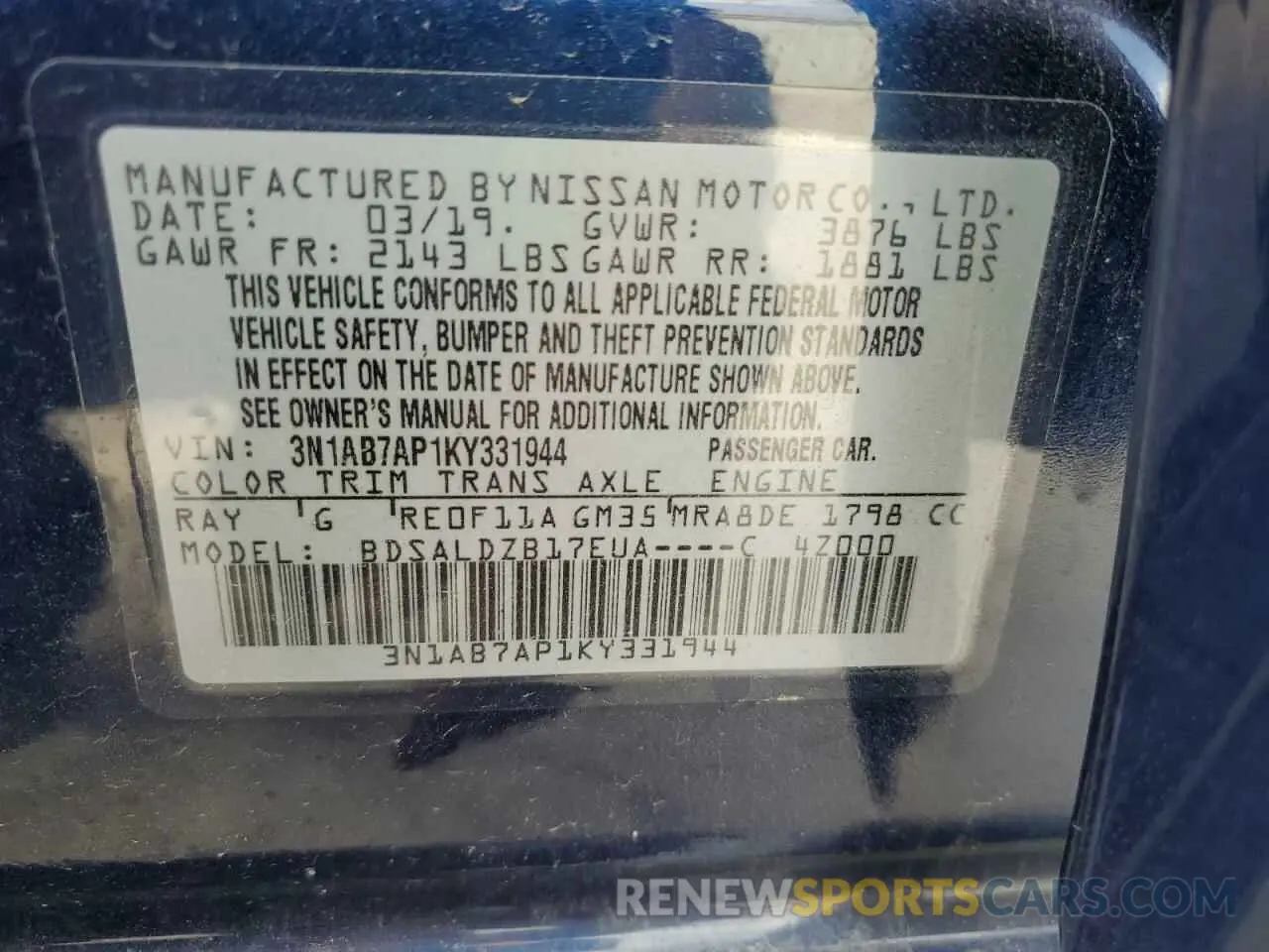 12 Photograph of a damaged car 3N1AB7AP1KY331944 NISSAN SENTRA 2019
