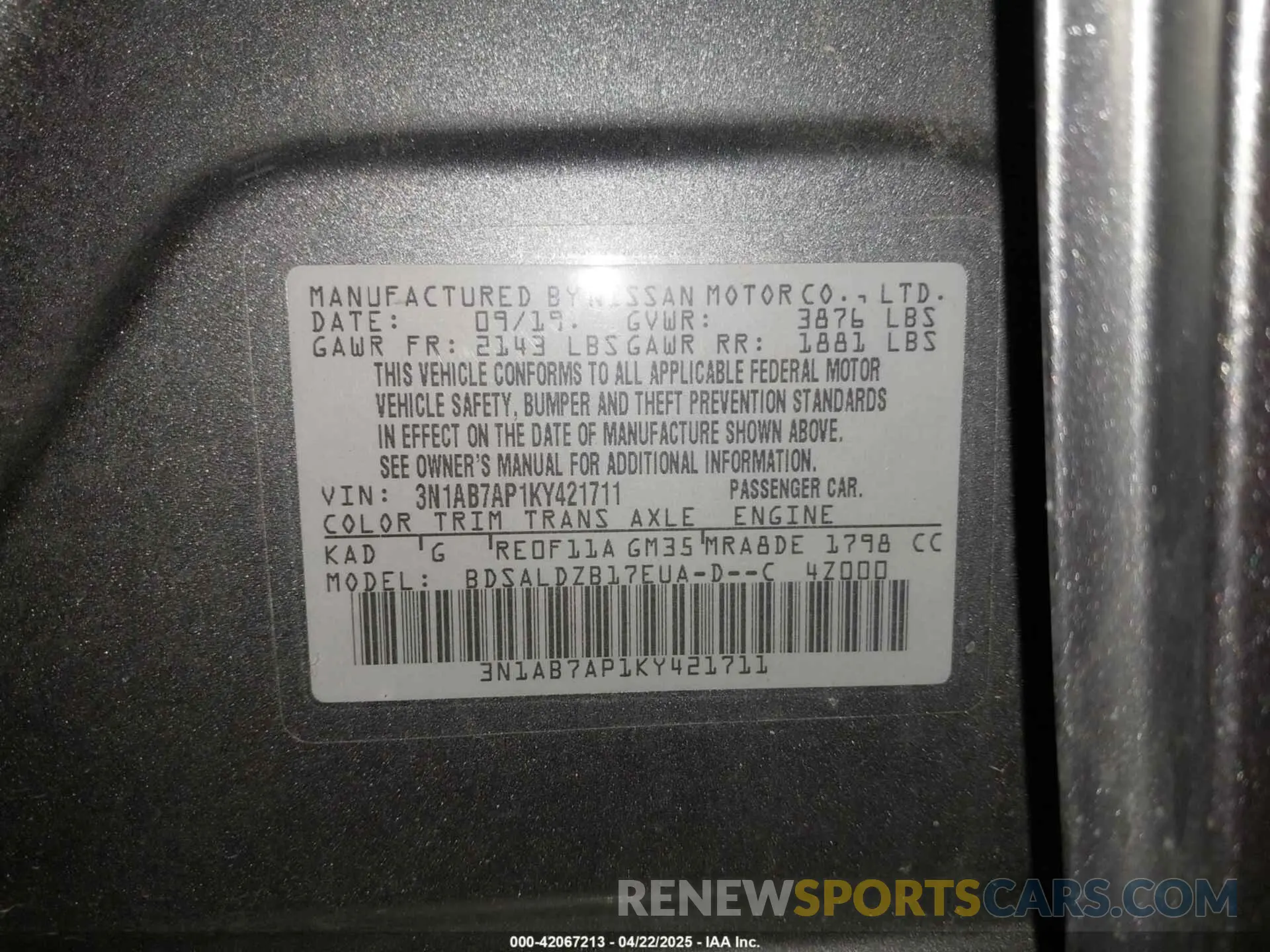 9 Фотография поврежденного автомобиля 3N1AB7AP1KY421711 NISSAN SENTRA 2019