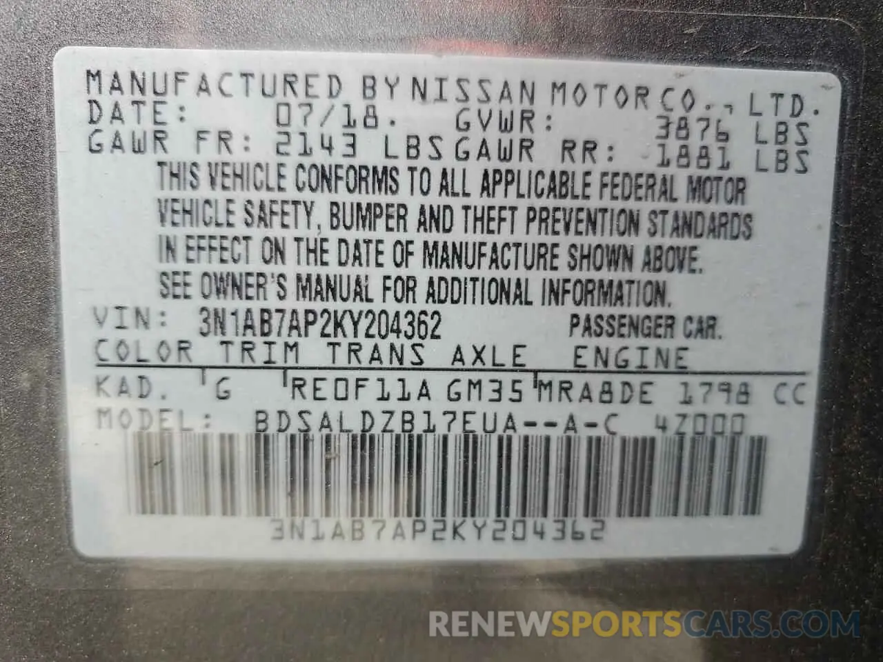 12 Фотография поврежденного автомобиля 3N1AB7AP2KY204362 NISSAN SENTRA 2019