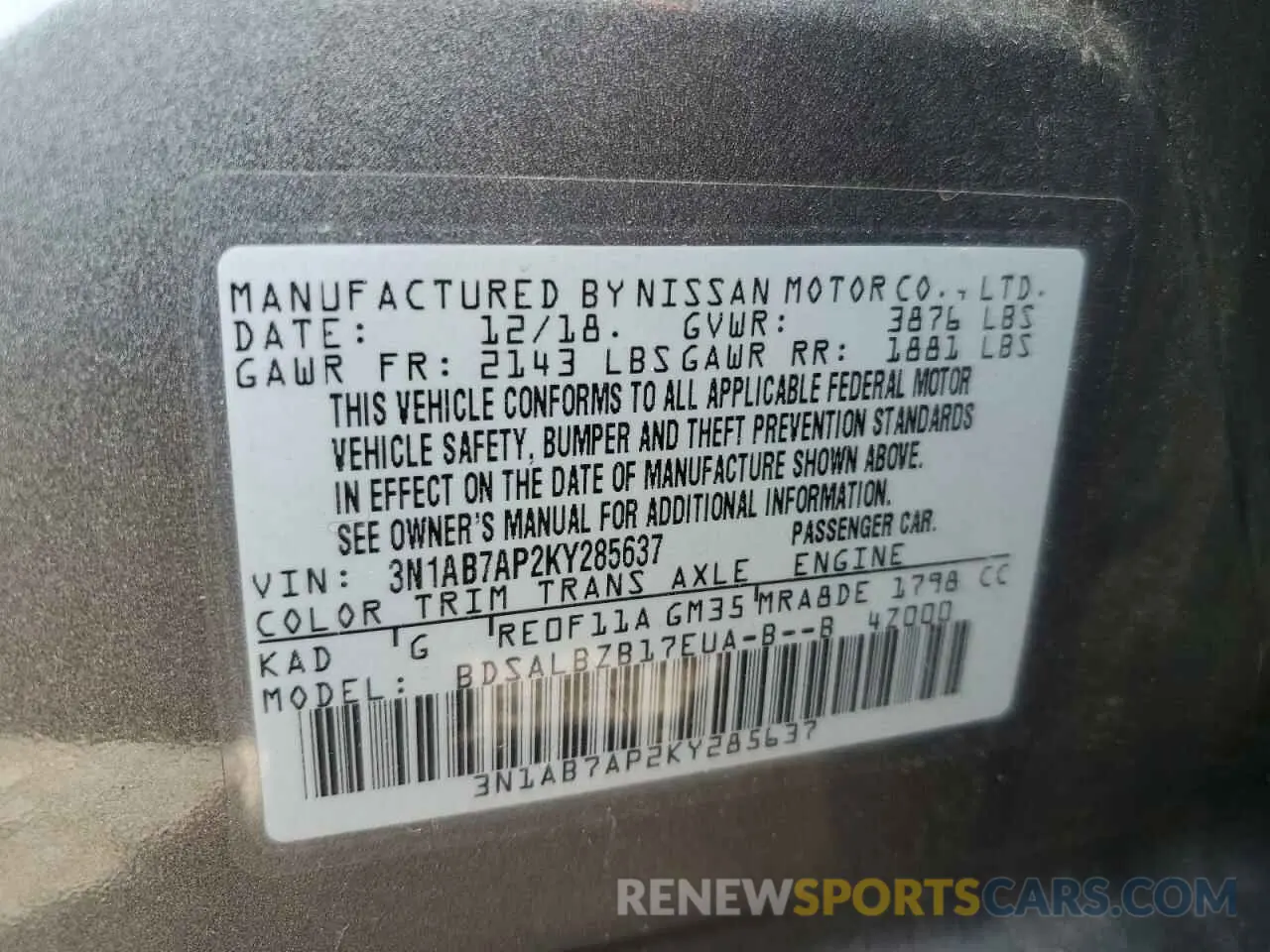12 Фотография поврежденного автомобиля 3N1AB7AP2KY285637 NISSAN SENTRA 2019