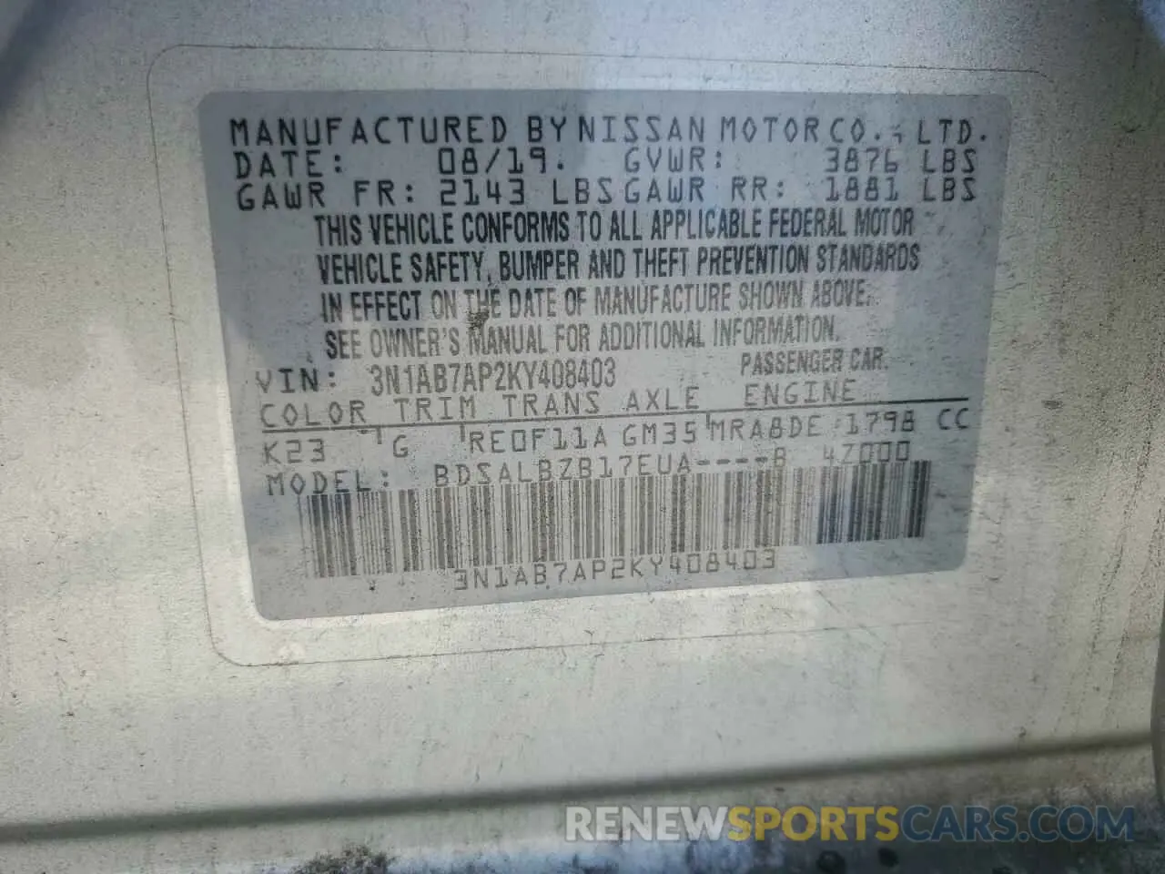 13 Photograph of a damaged car 3N1AB7AP2KY408403 NISSAN SENTRA 2019