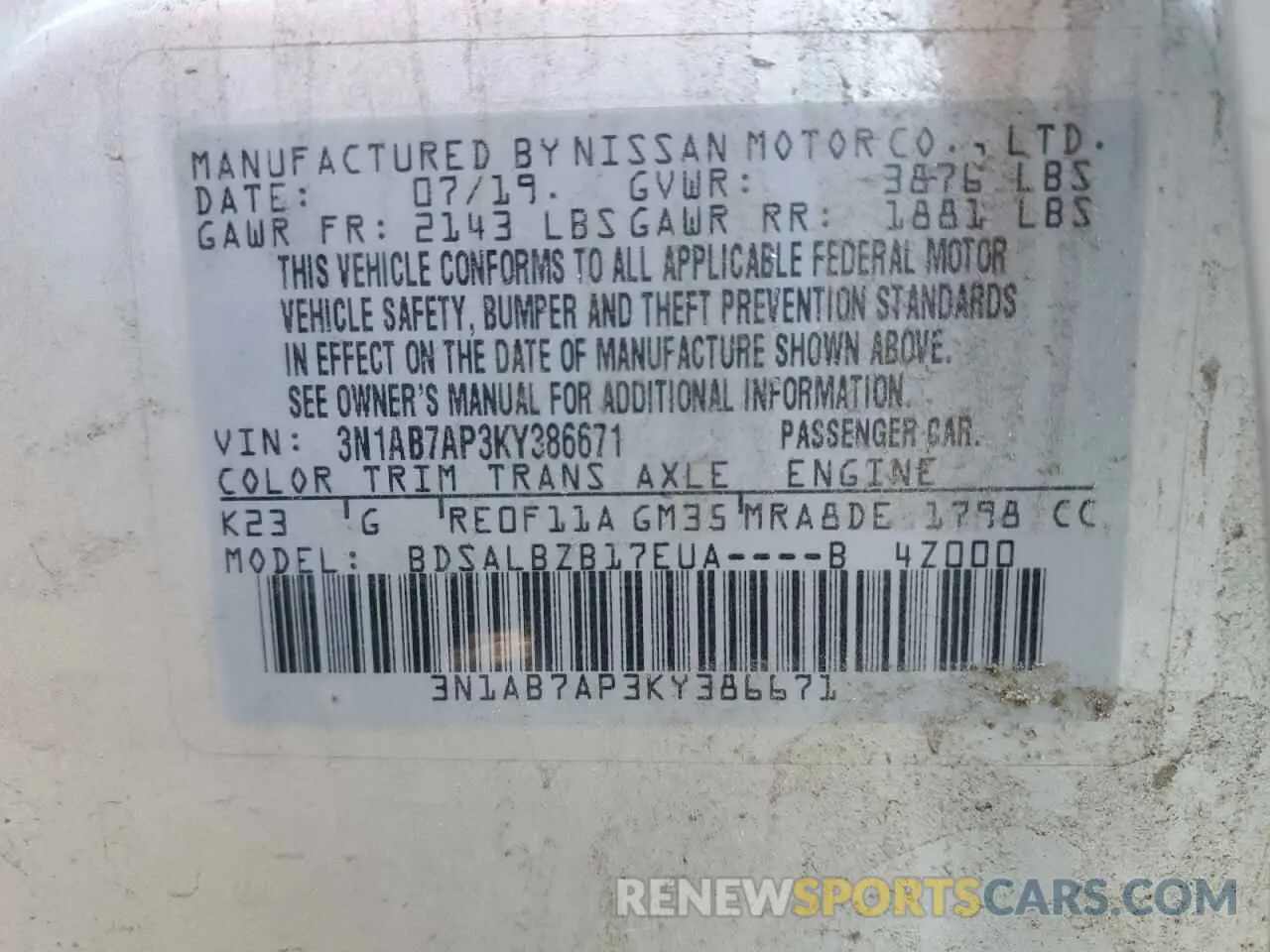 12 Photograph of a damaged car 3N1AB7AP3KY386671 NISSAN SENTRA 2019