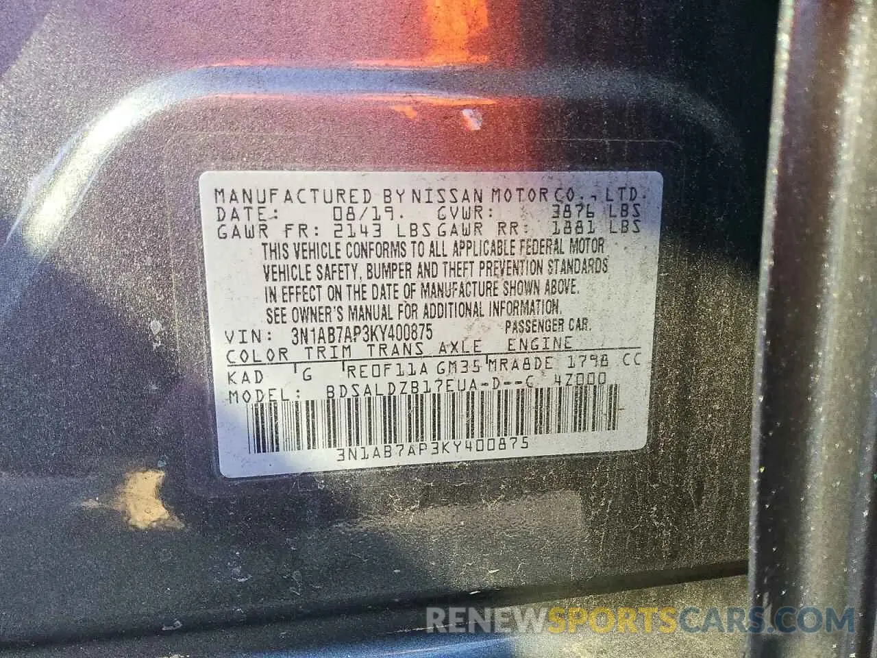 12 Photograph of a damaged car 3N1AB7AP3KY400875 NISSAN SENTRA 2019