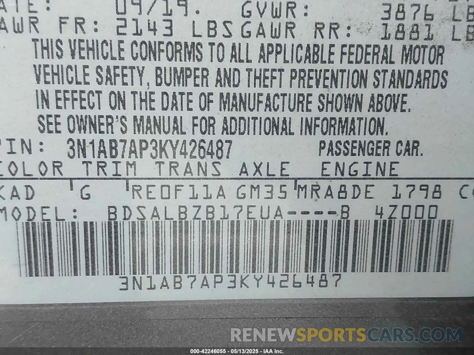 9 Photograph of a damaged car 3N1AB7AP3KY426487 NISSAN SENTRA 2019