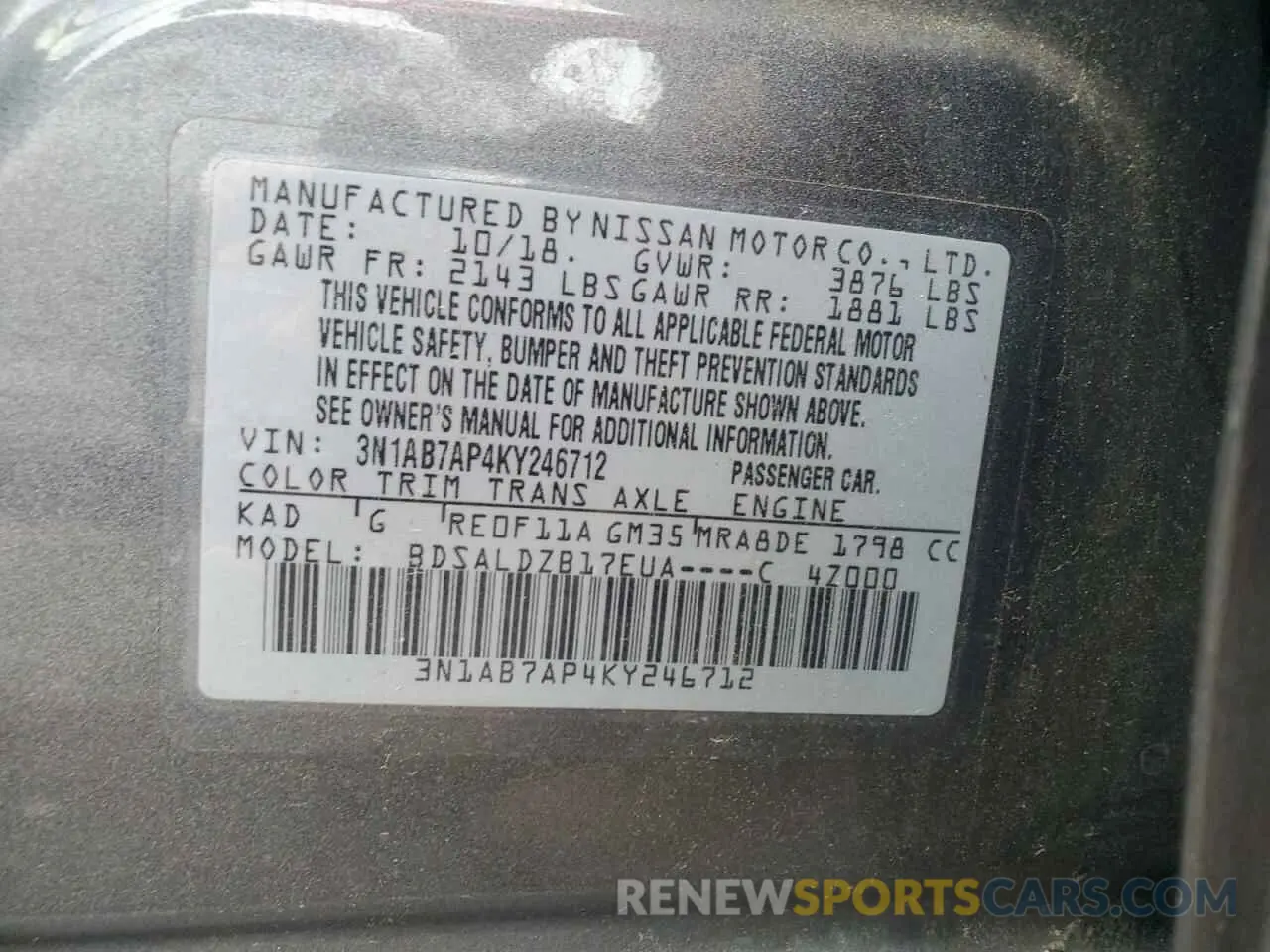 12 Фотография поврежденного автомобиля 3N1AB7AP4KY246712 NISSAN SENTRA 2019
