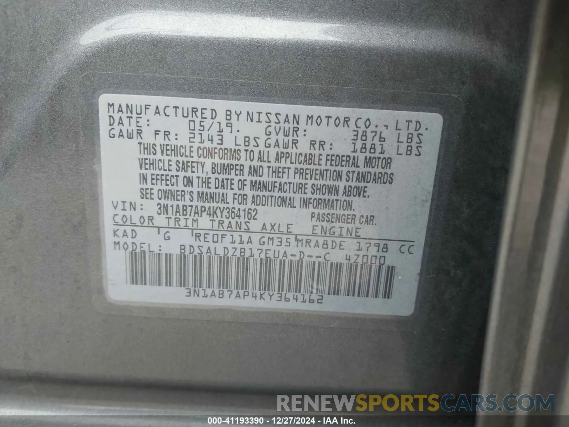 9 Фотография поврежденного автомобиля 3N1AB7AP4KY364162 NISSAN SENTRA 2019