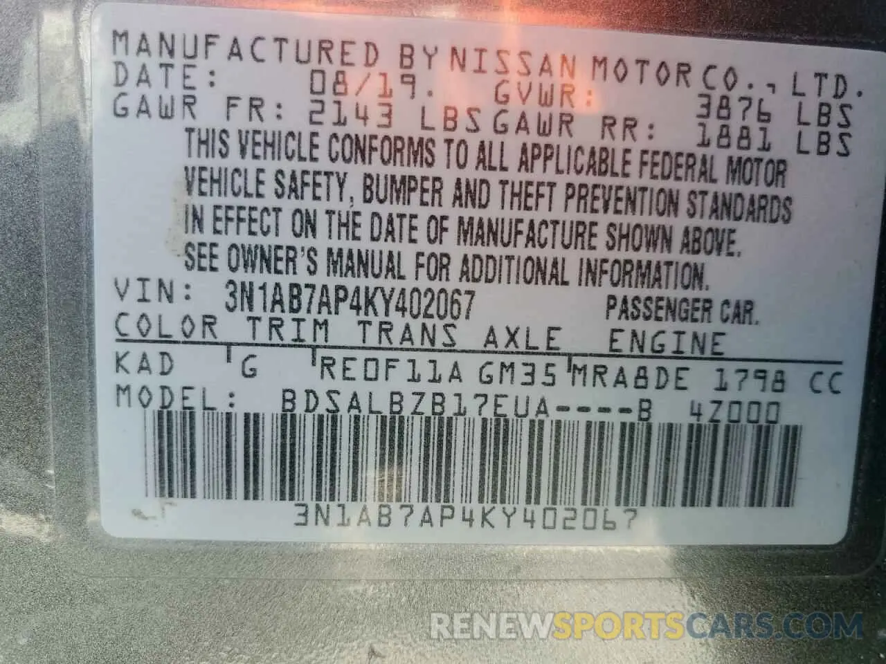 13 Фотография поврежденного автомобиля 3N1AB7AP4KY402067 NISSAN SENTRA 2019