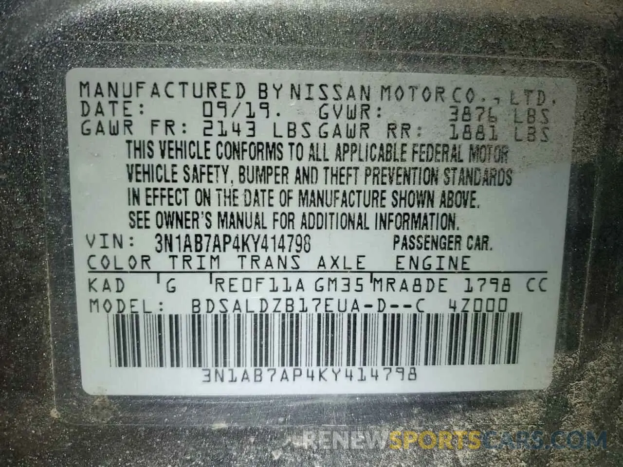 12 Photograph of a damaged car 3N1AB7AP4KY414798 NISSAN SENTRA 2019