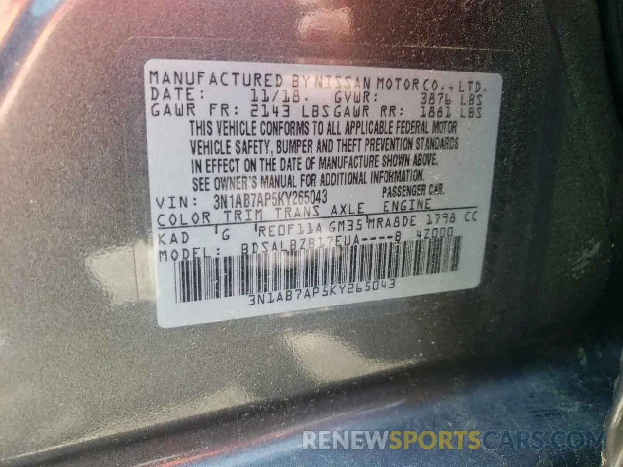 13 Фотография поврежденного автомобиля 3N1AB7AP5KY265043 NISSAN SENTRA 2019