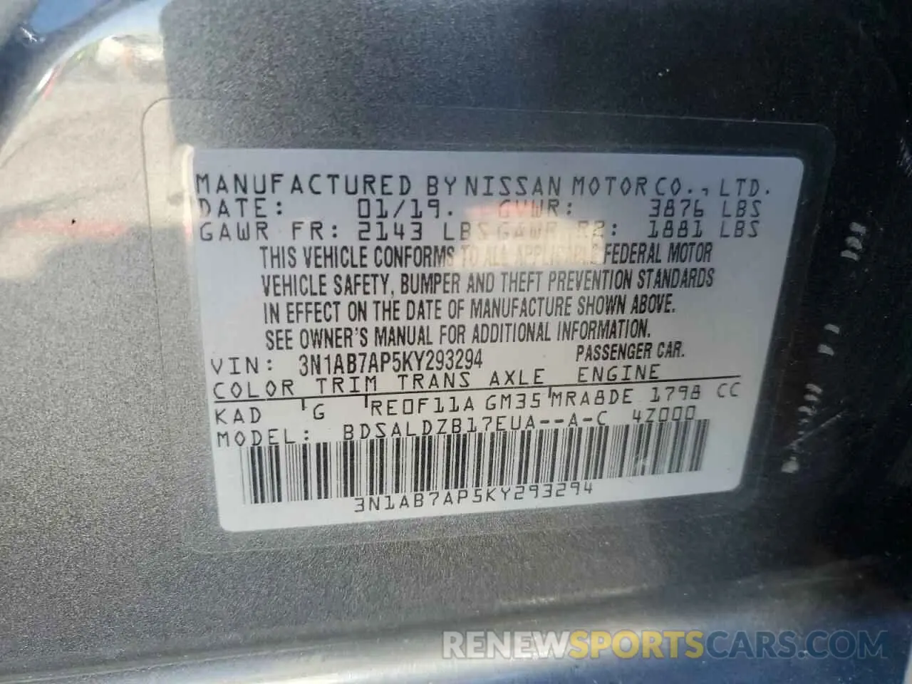 13 Фотография поврежденного автомобиля 3N1AB7AP5KY293294 NISSAN SENTRA 2019