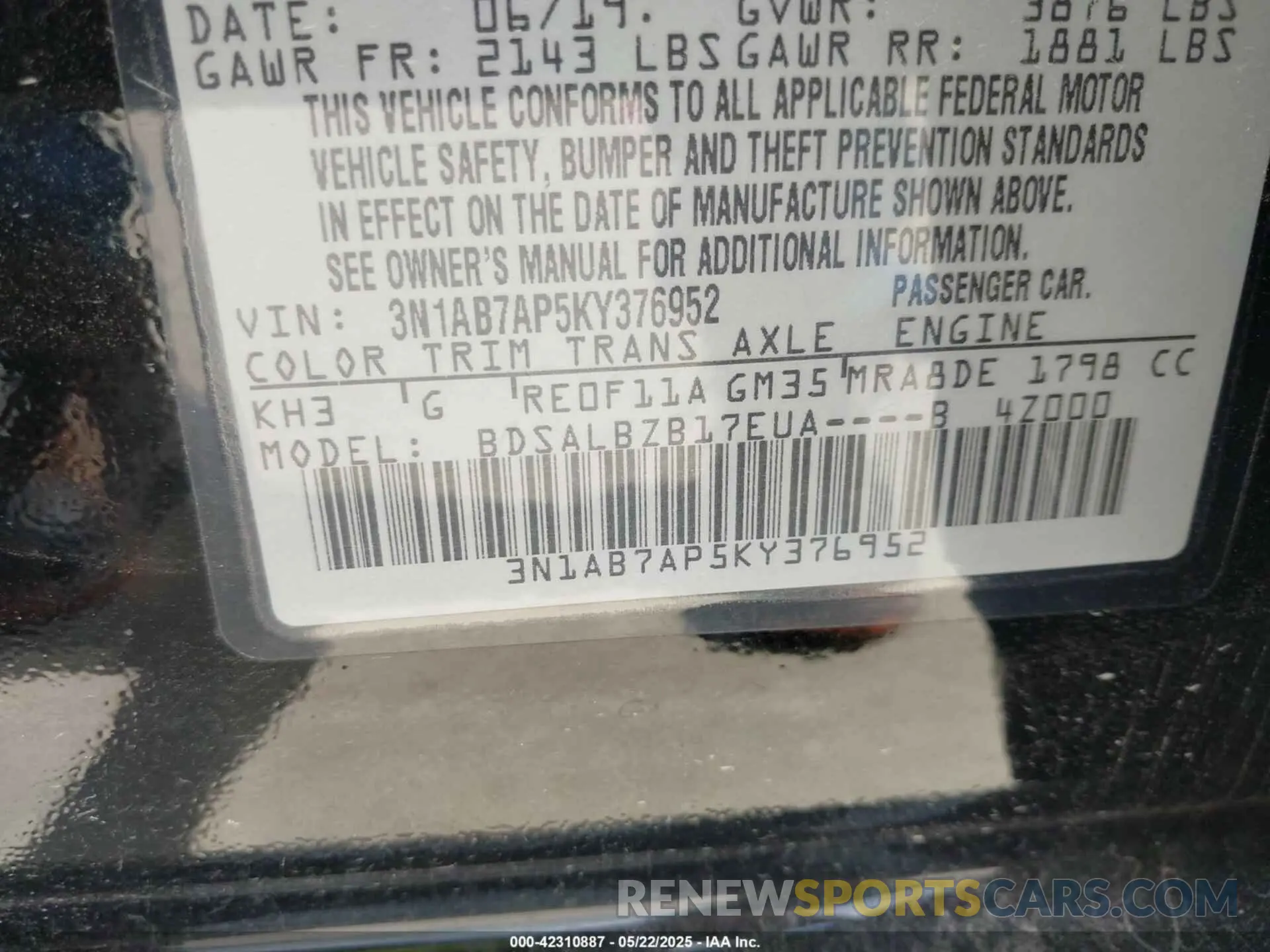 9 Фотография поврежденного автомобиля 3N1AB7AP5KY376952 NISSAN SENTRA 2019