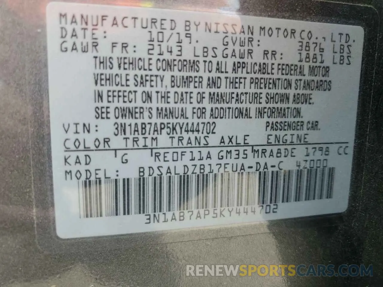 12 Photograph of a damaged car 3N1AB7AP5KY444702 NISSAN SENTRA 2019