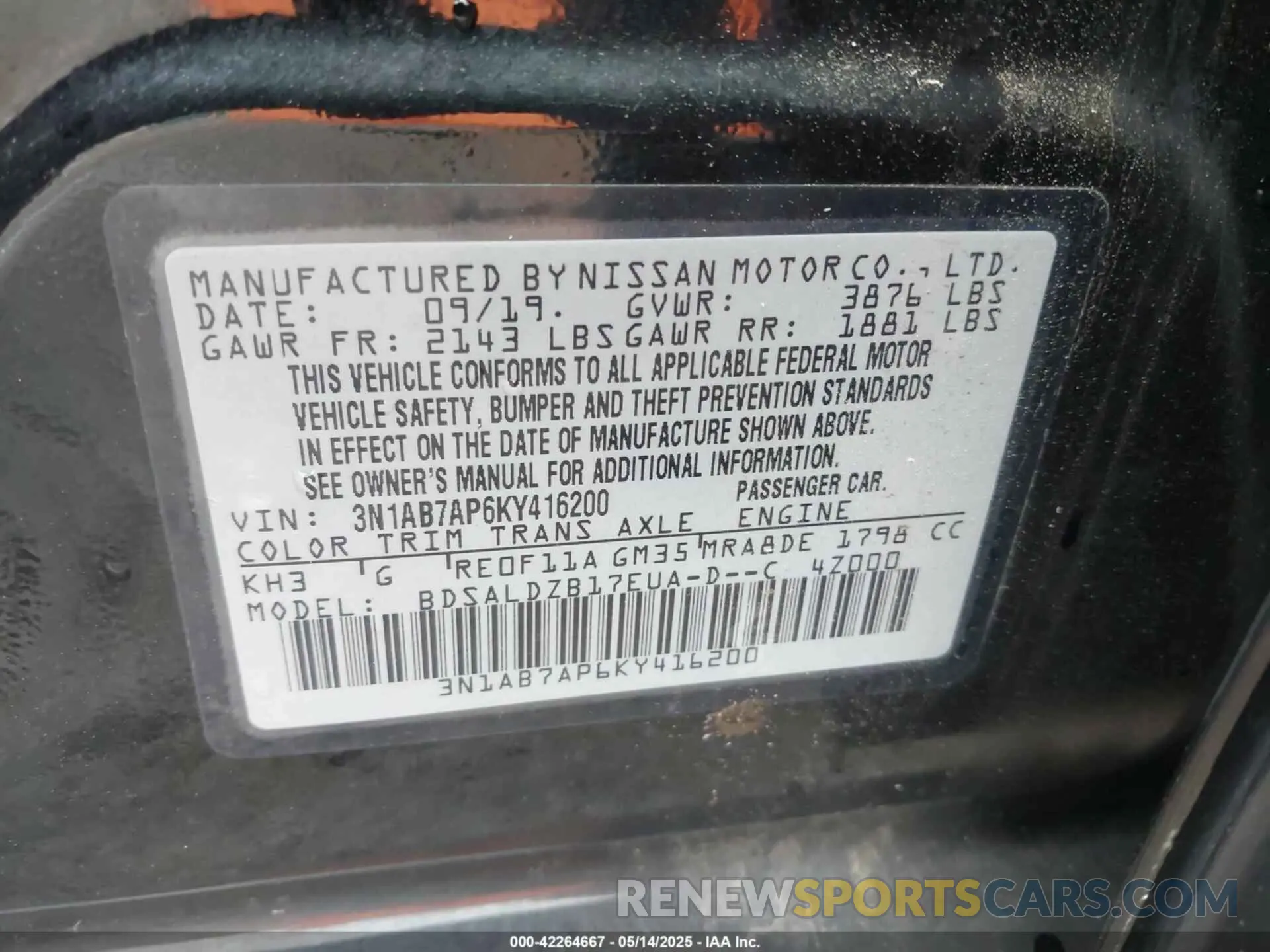 9 Photograph of a damaged car 3N1AB7AP6KY416200 NISSAN SENTRA 2019