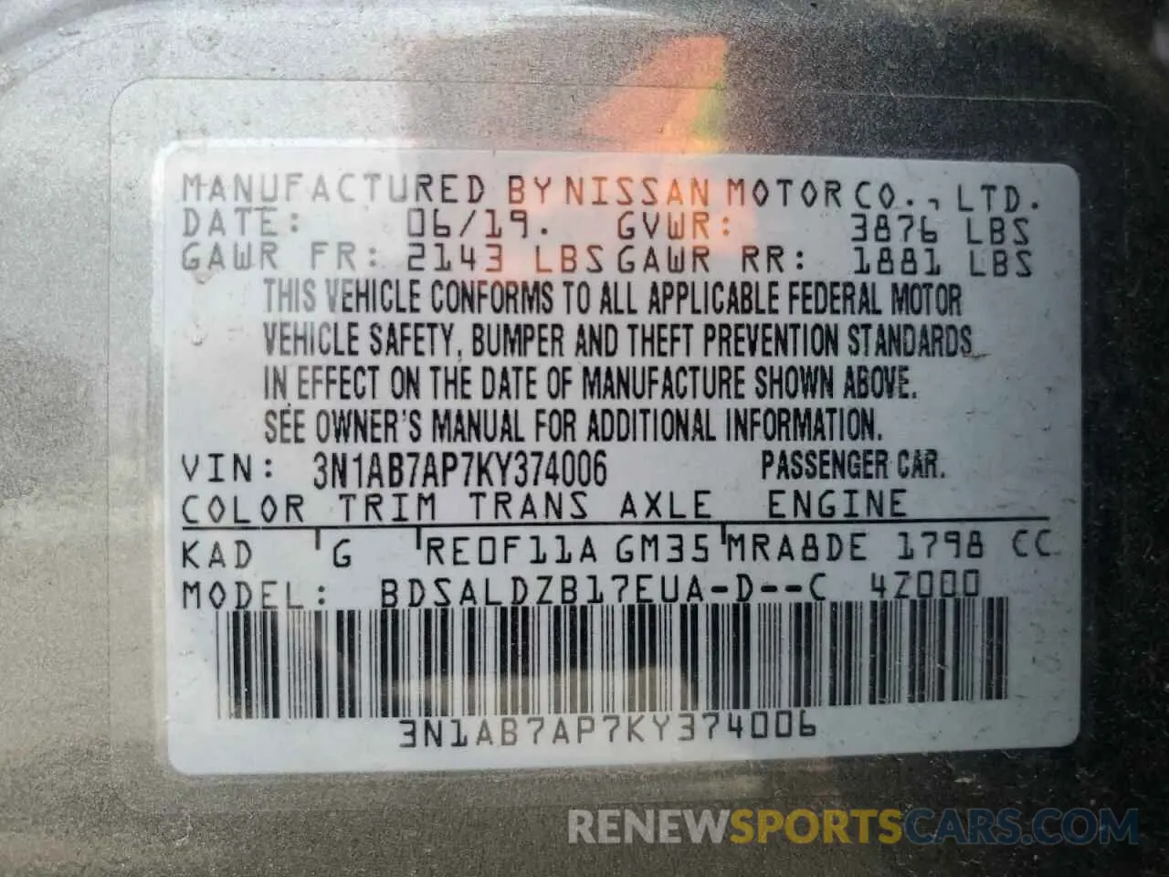 12 Фотография поврежденного автомобиля 3N1AB7AP7KY374006 NISSAN SENTRA 2019