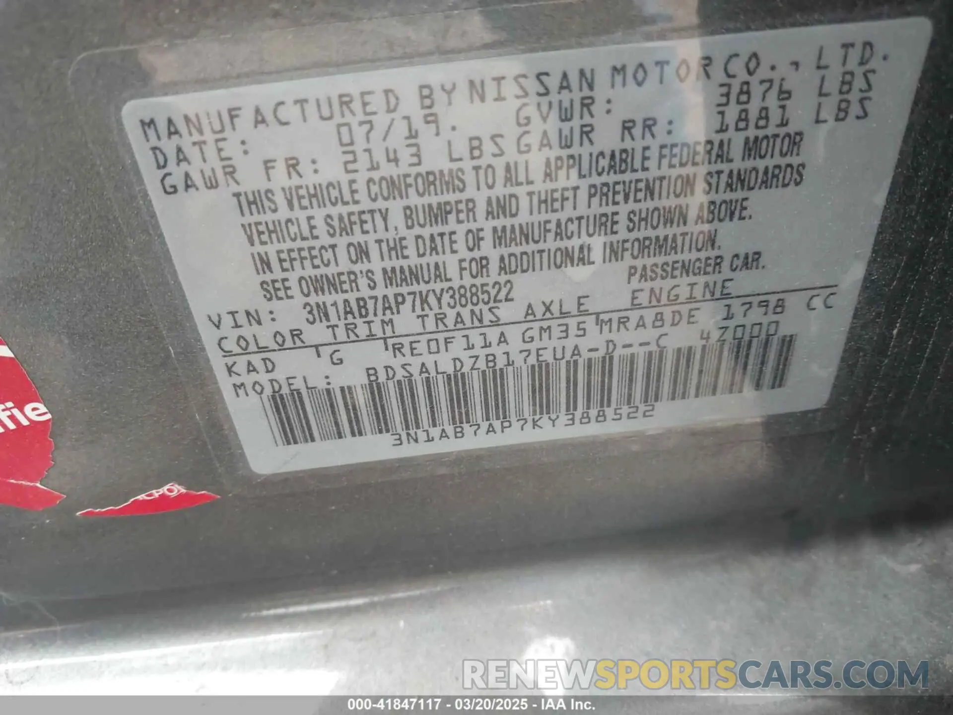 9 Photograph of a damaged car 3N1AB7AP7KY388522 NISSAN SENTRA 2019