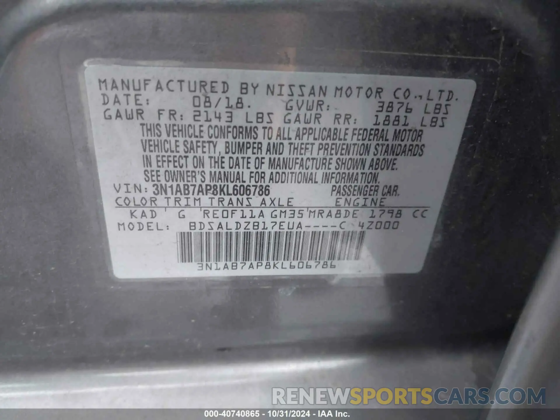 9 Photograph of a damaged car 3N1AB7AP8KL606786 NISSAN SENTRA 2019