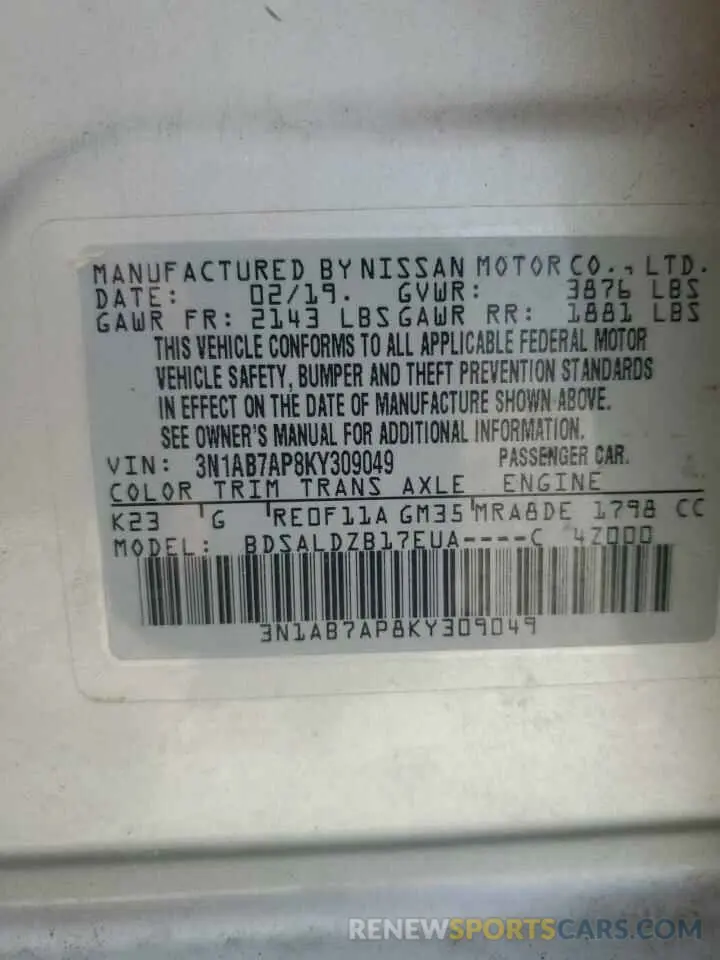 13 Фотография поврежденного автомобиля 3N1AB7AP8KY309049 NISSAN SENTRA 2019