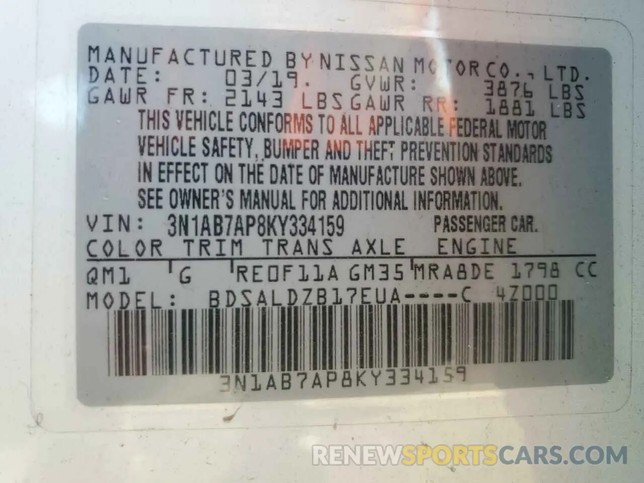14 Photograph of a damaged car 3N1AB7AP8KY334159 NISSAN SENTRA 2019
