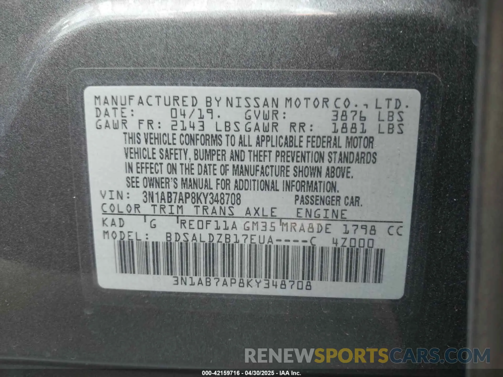 9 Фотография поврежденного автомобиля 3N1AB7AP8KY348708 NISSAN SENTRA 2019