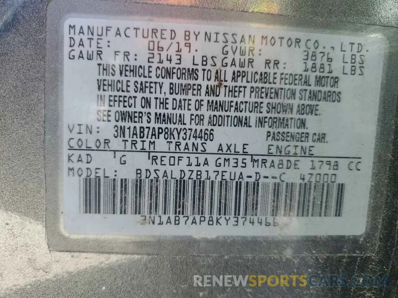 14 Photograph of a damaged car 3N1AB7AP8KY374466 NISSAN SENTRA 2019