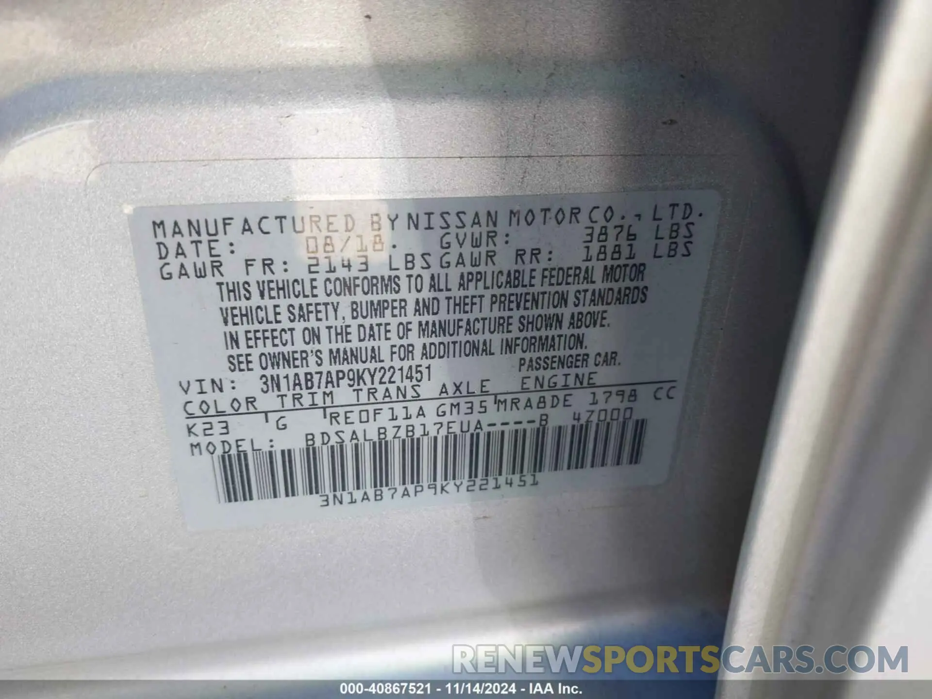 9 Фотография поврежденного автомобиля 3N1AB7AP9KY221451 NISSAN SENTRA 2019