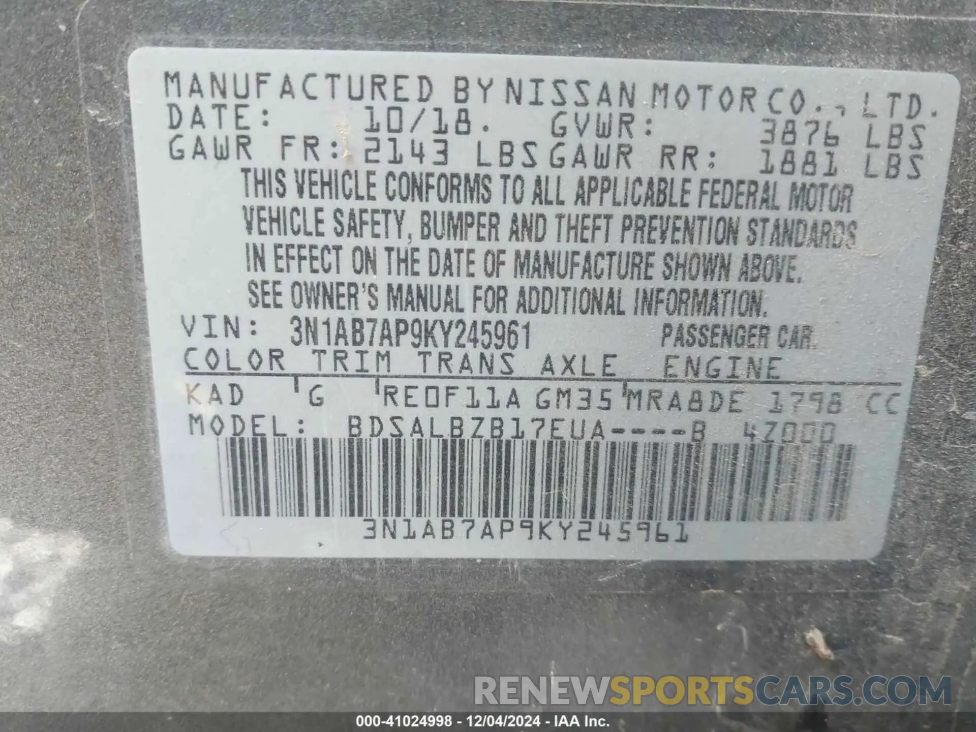 9 Фотография поврежденного автомобиля 3N1AB7AP9KY245961 NISSAN SENTRA 2019