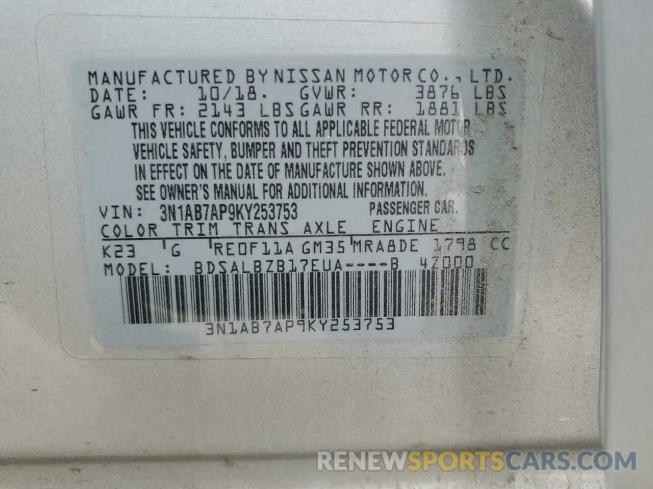 13 Фотография поврежденного автомобиля 3N1AB7AP9KY253753 NISSAN SENTRA 2019