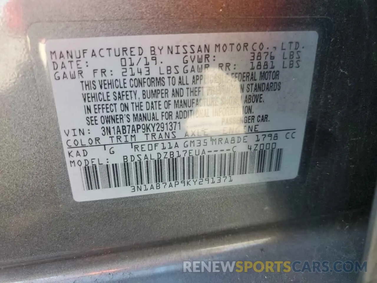 12 Photograph of a damaged car 3N1AB7AP9KY291371 NISSAN SENTRA 2019